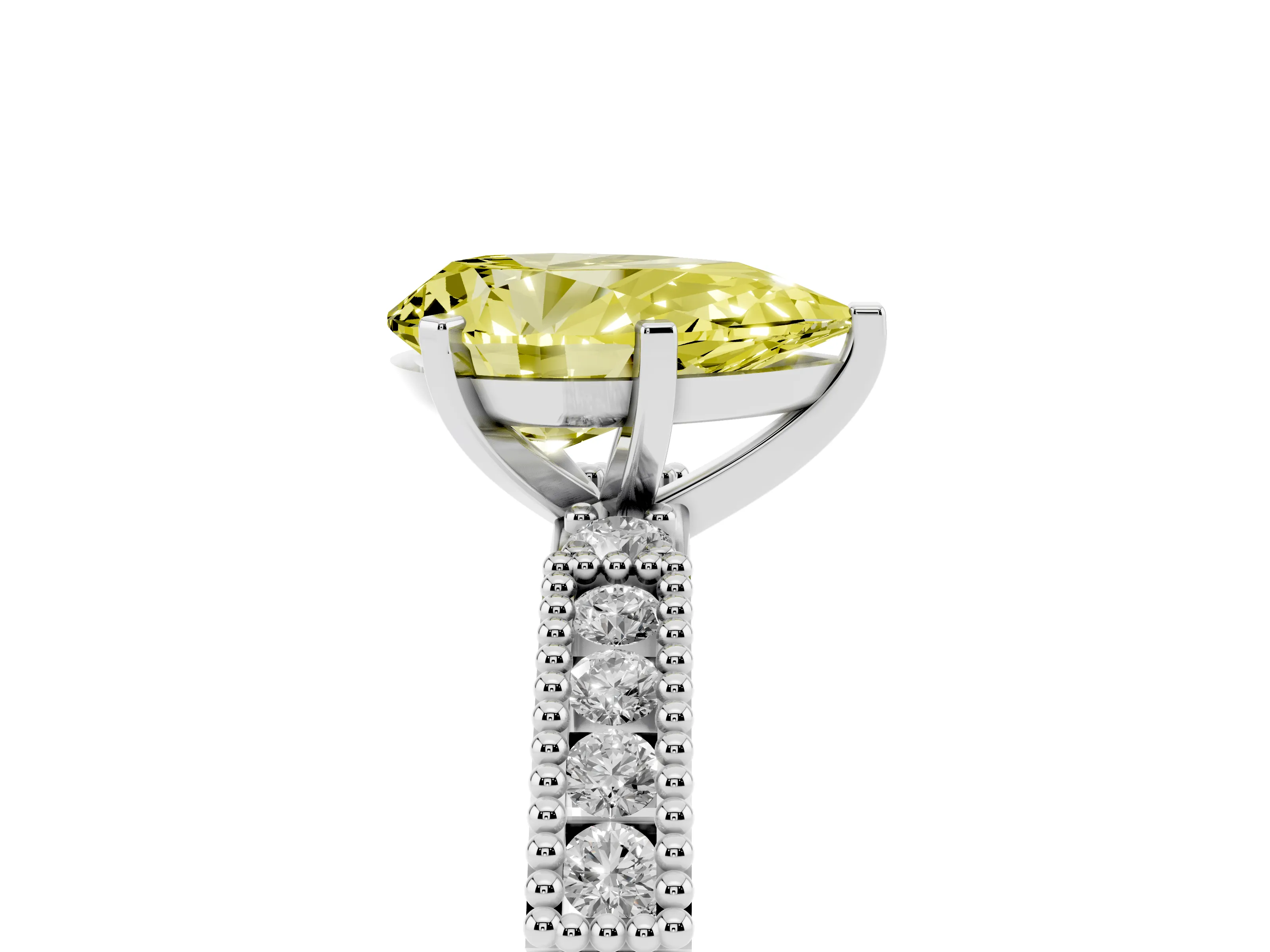 Fancy Yellow Pear Cut Diamond Solitaire Ring Set in Silver with Slim Pavé Band and Prong Setting