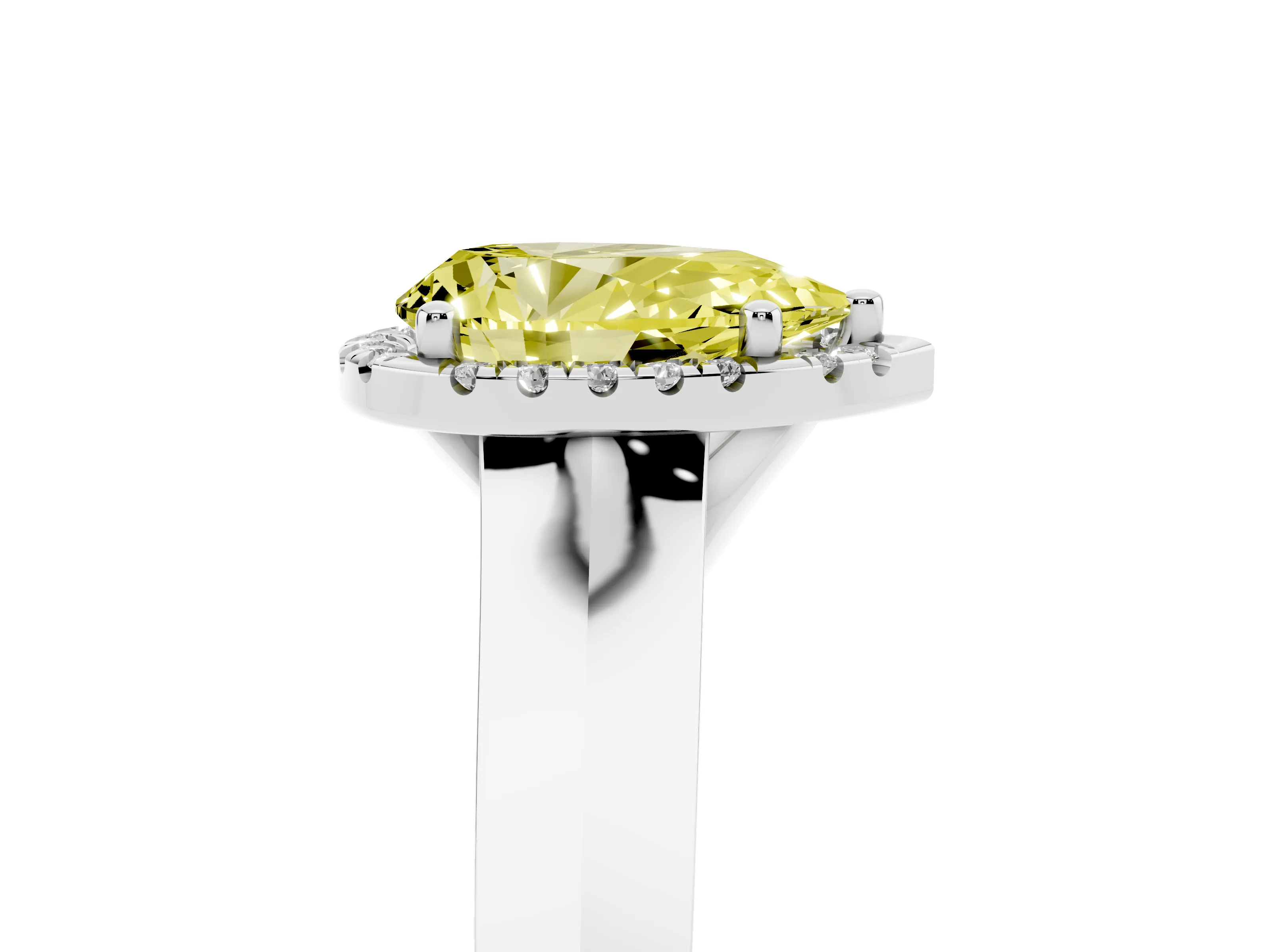 Fancy Yellow Pear Cut Diamond Halo Ring Set in White gold with Cathedral Band and Prong Setting