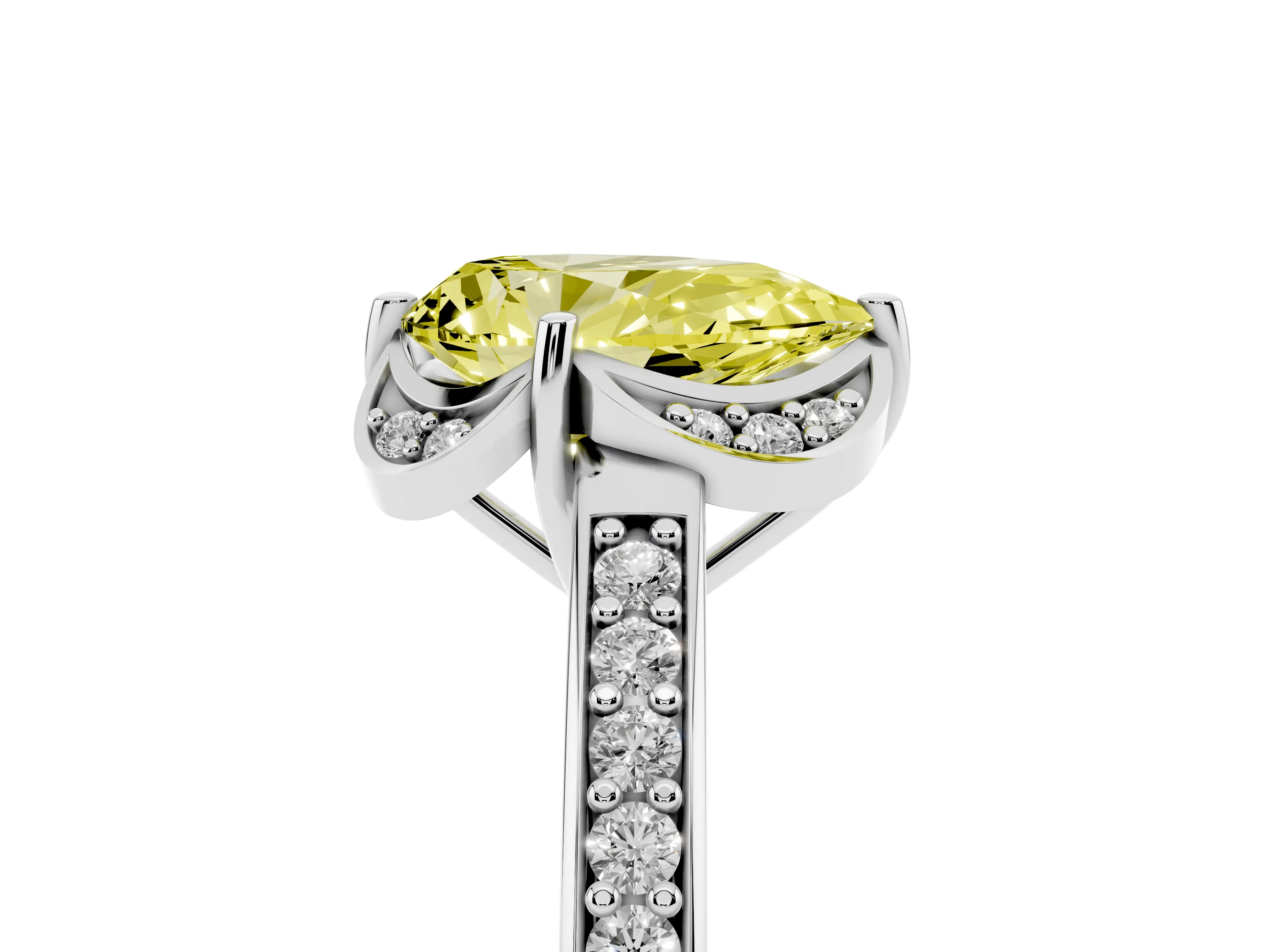 Fancy Yellow Pear Cut Diamond Halo Ring Set in Platinum with Channel Set Band and Prong Setting