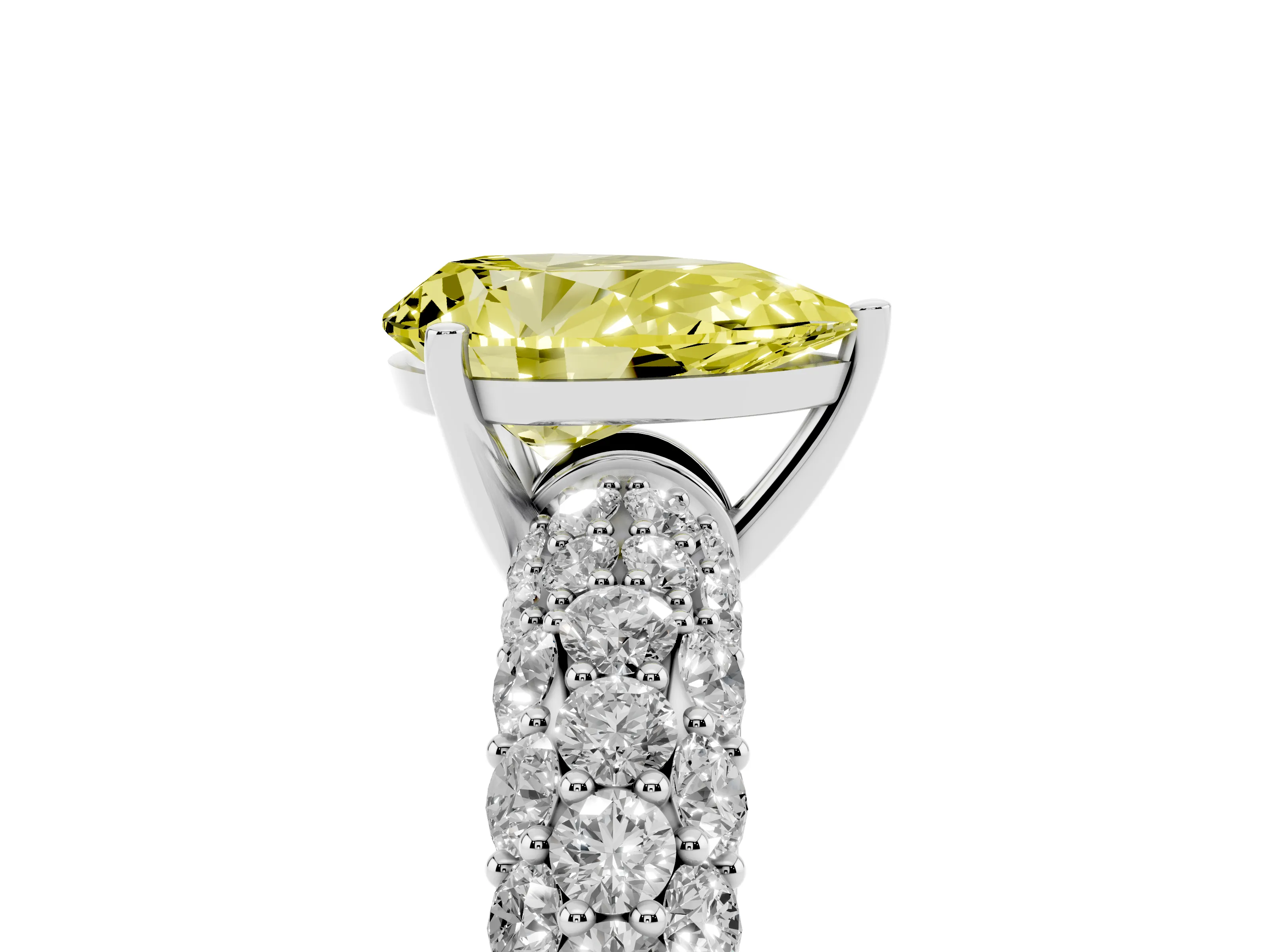 Fancy Yellow Pear Cut Diamond Pavé Band Solitaire Ring Set in White gold with Close-Set Accent Stones and Prong Setting