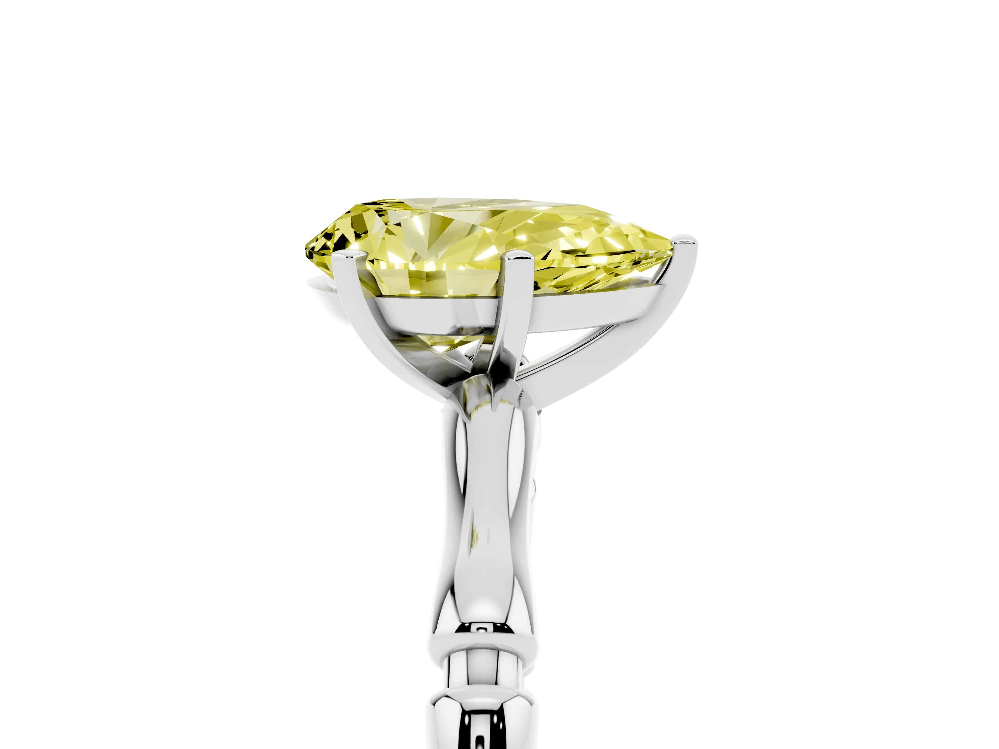 Fancy Yellow Pear Cut Diamond Solitaire Ring Set in Platinum with Bamboo Band and Prong Setting