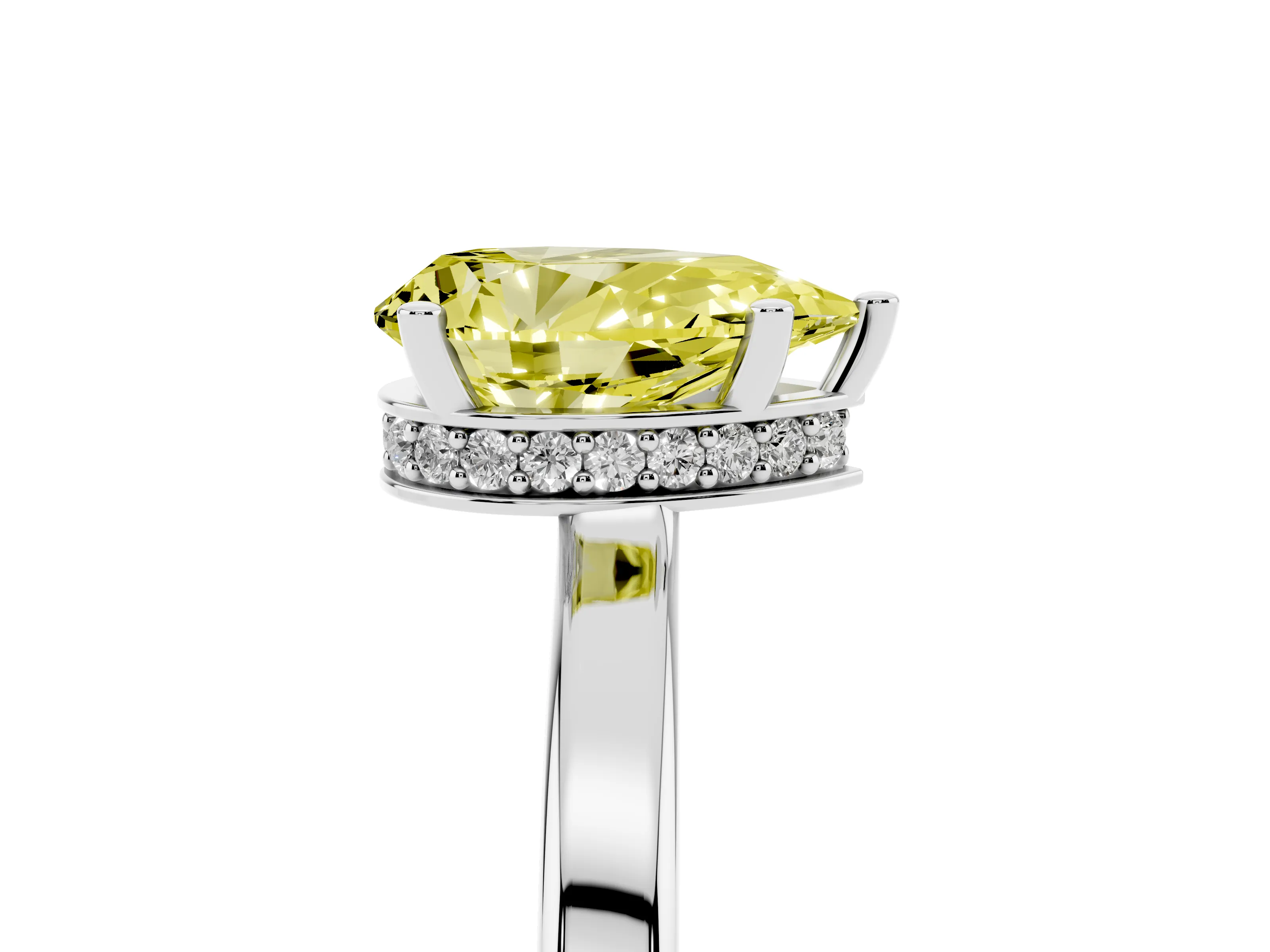 Fancy Yellow Pear Cut Diamond Solitaire Engagement Ring Set in White gold with Prong Setting on a Plain Band