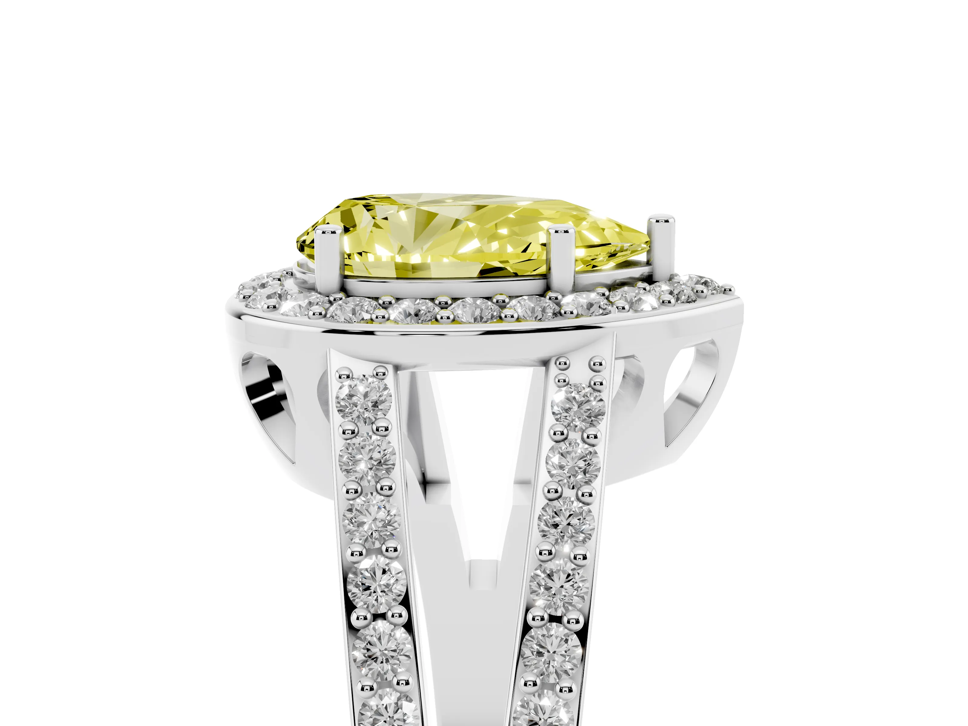 Fancy Yellow Pear Cut Diamond Halo Ring Set in Silver with U-Prong Split Shank and Prong Setting