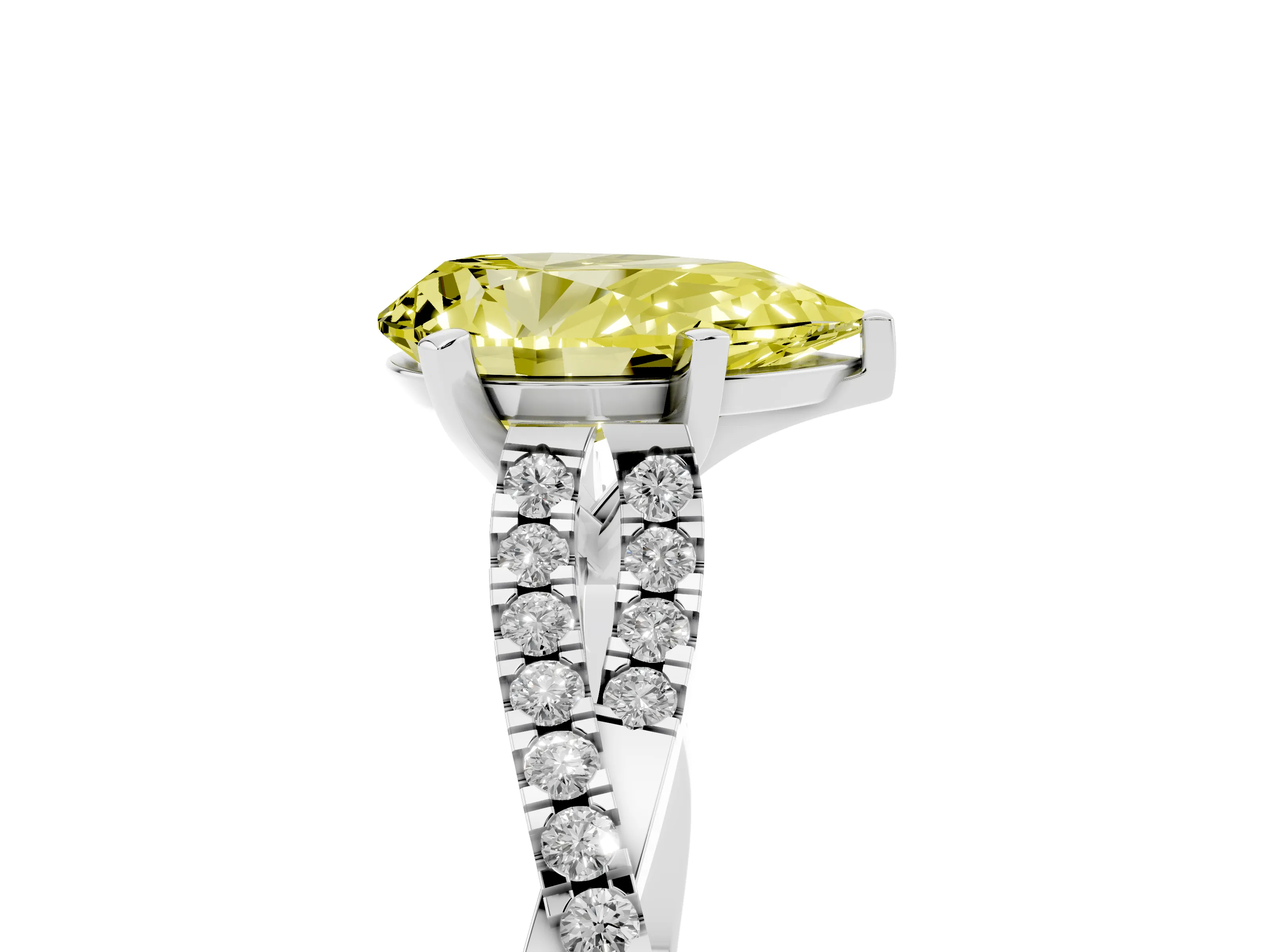 Fancy Yellow Pear Cut Diamond Solitaire Engagement Ring Set in White gold with Twisted Pavé Band and Prong Setting