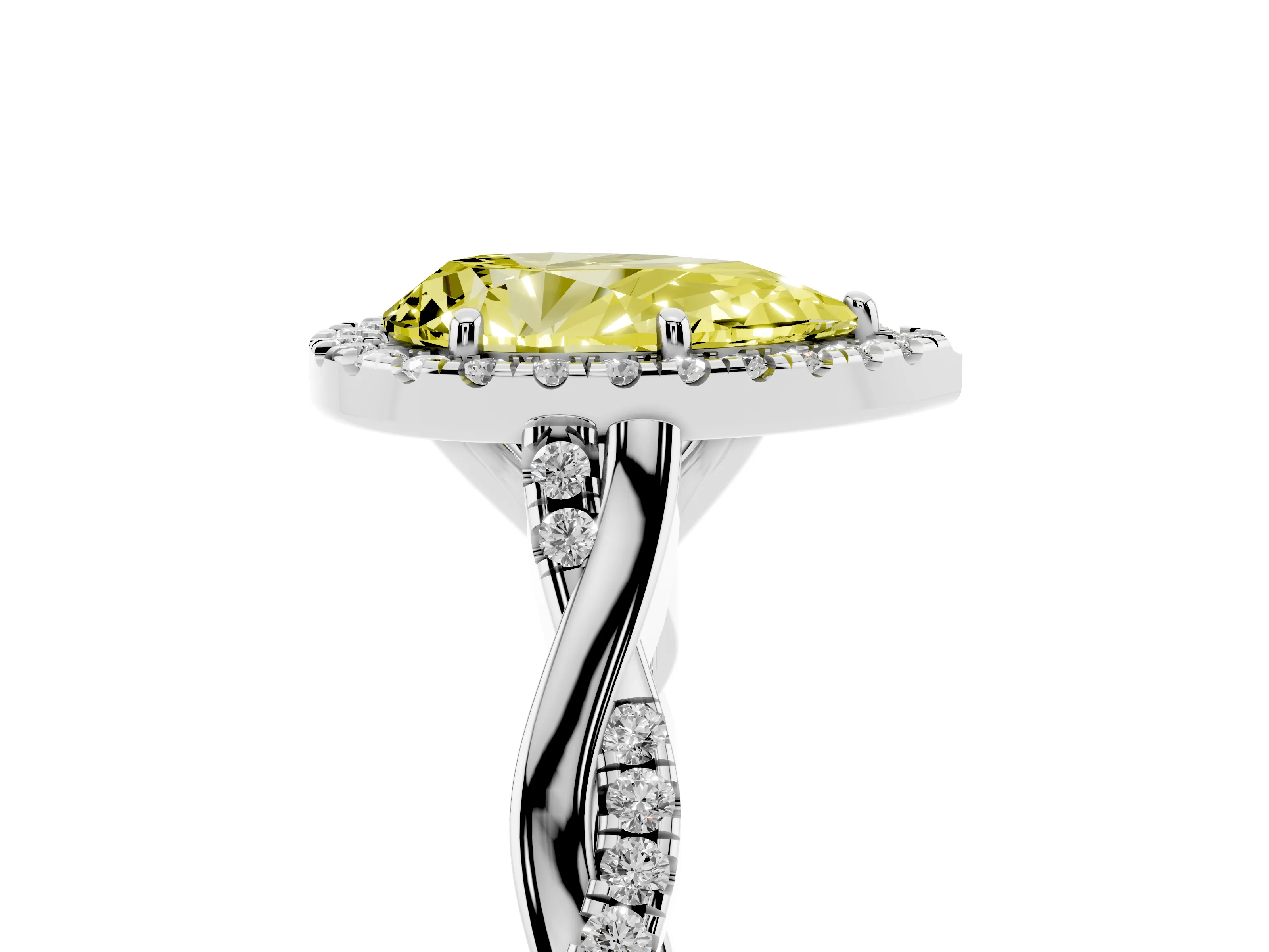 Fancy Yellow Pear Cut Diamond Halo Twist Band Solitaire Ring Set in White gold with Prong Setting