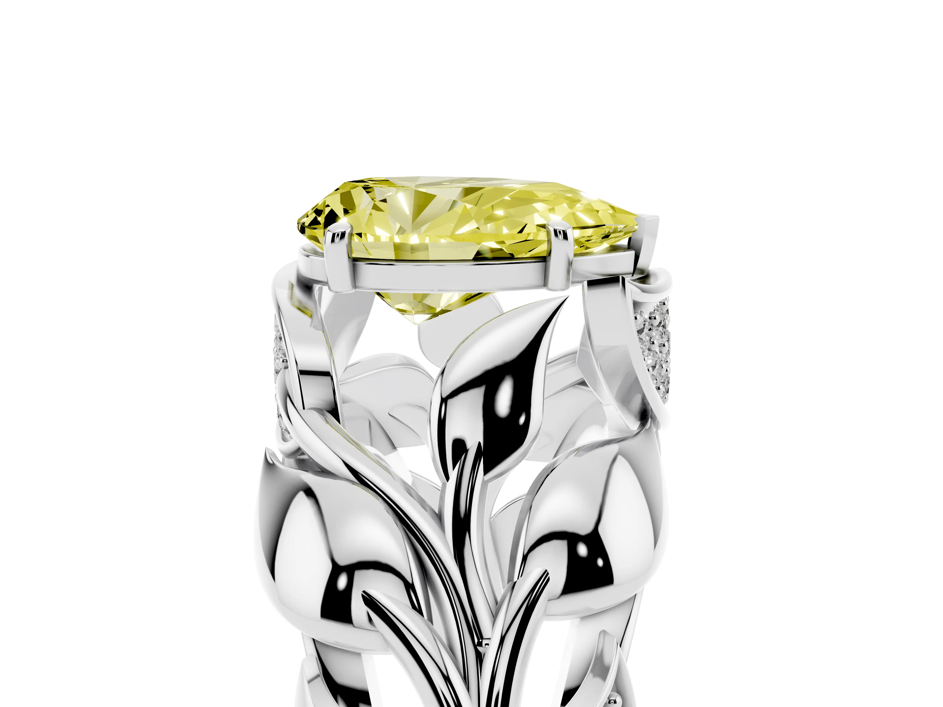 Fancy Yellow Pear Cut Diamond Leaf-Inspired Engagement Ring Set in Platinum with Round Accents