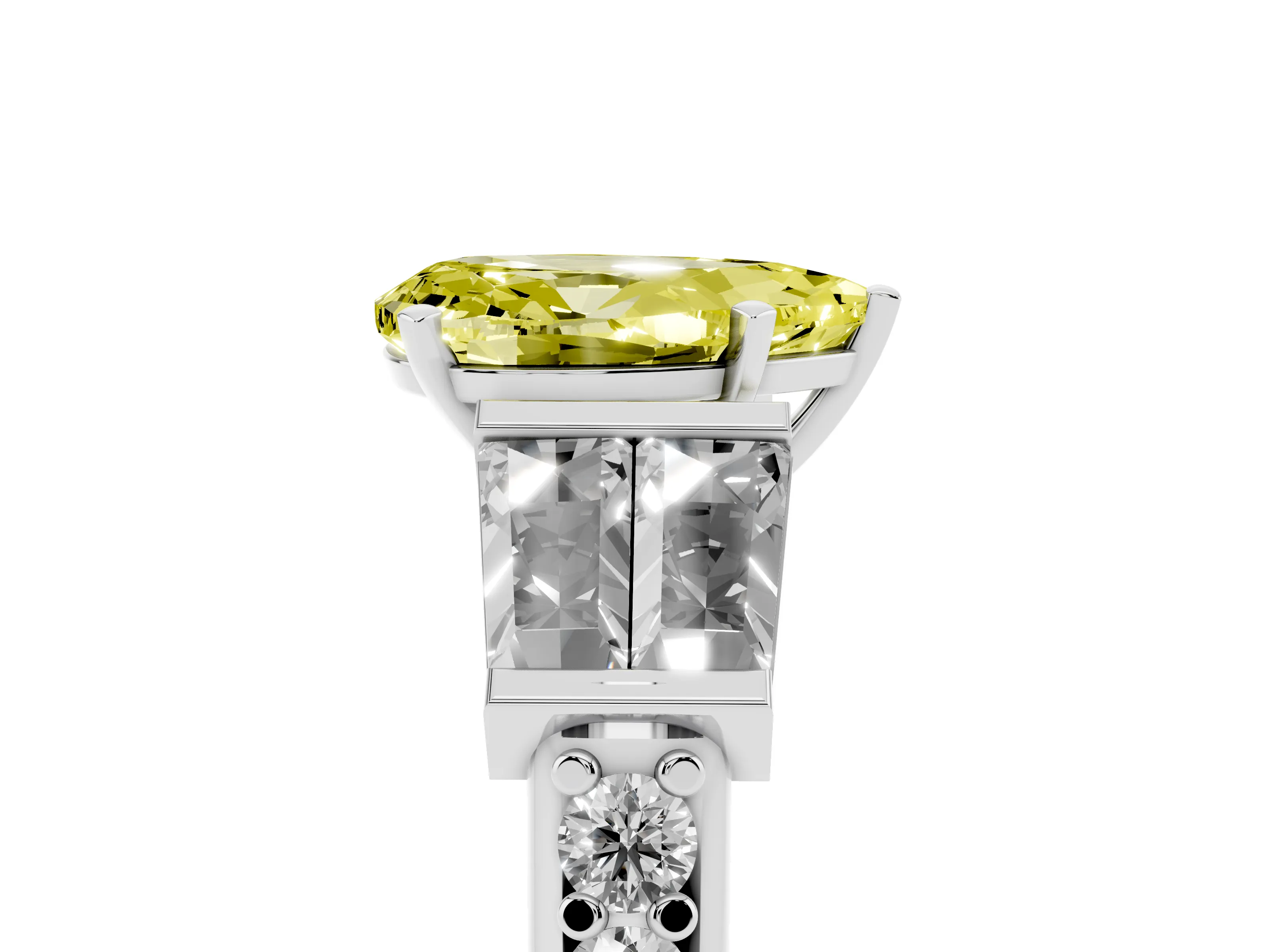 Fancy Yellow Pear Cut Diamond Engagement Ring Set in White gold with Baguette Side Stones and Channel Set Band