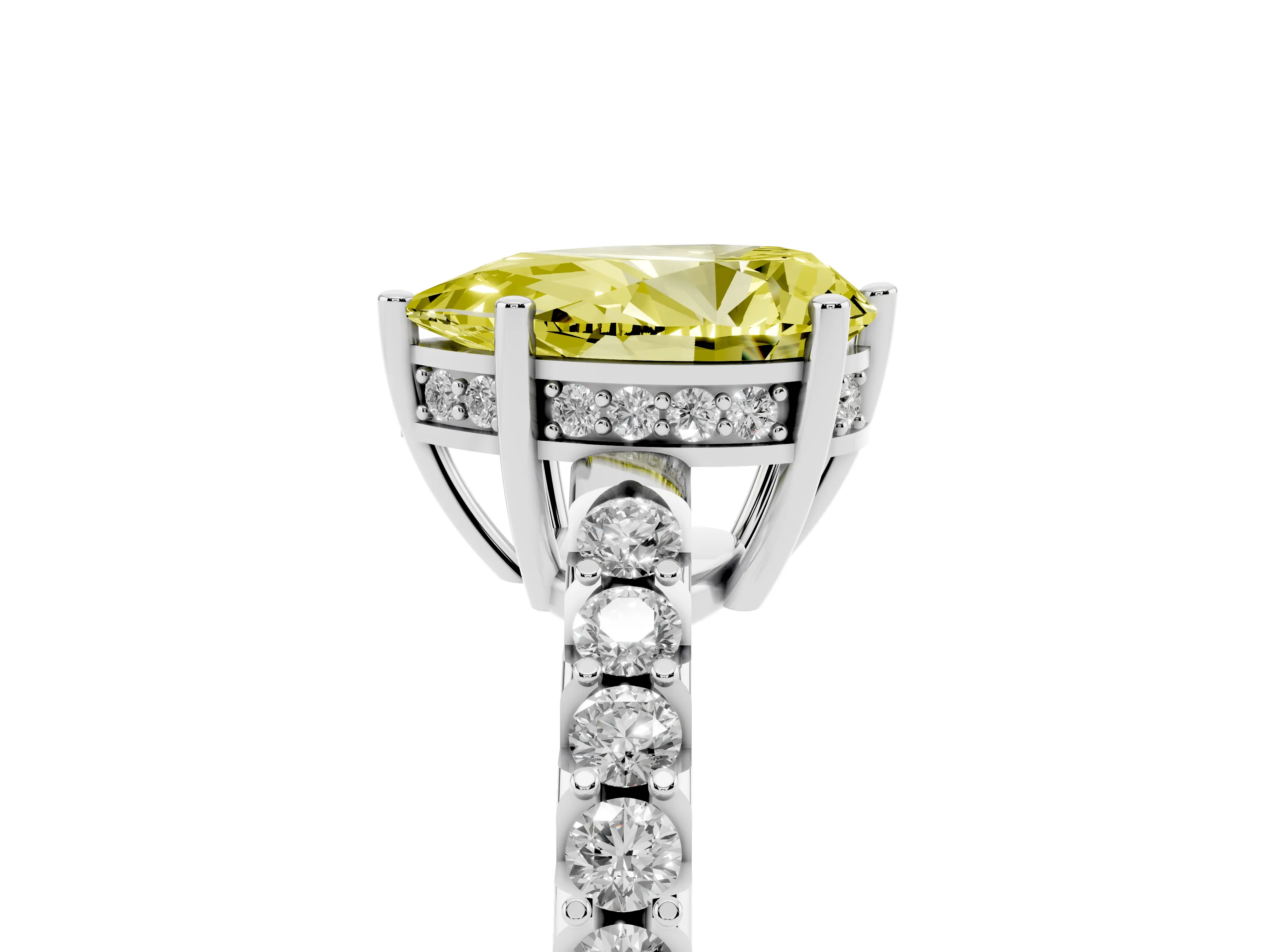 Fancy Yellow Pear Cut Diamond Solitaire Engagement Ring Set in Silver with Pavé Band and Prong Setting