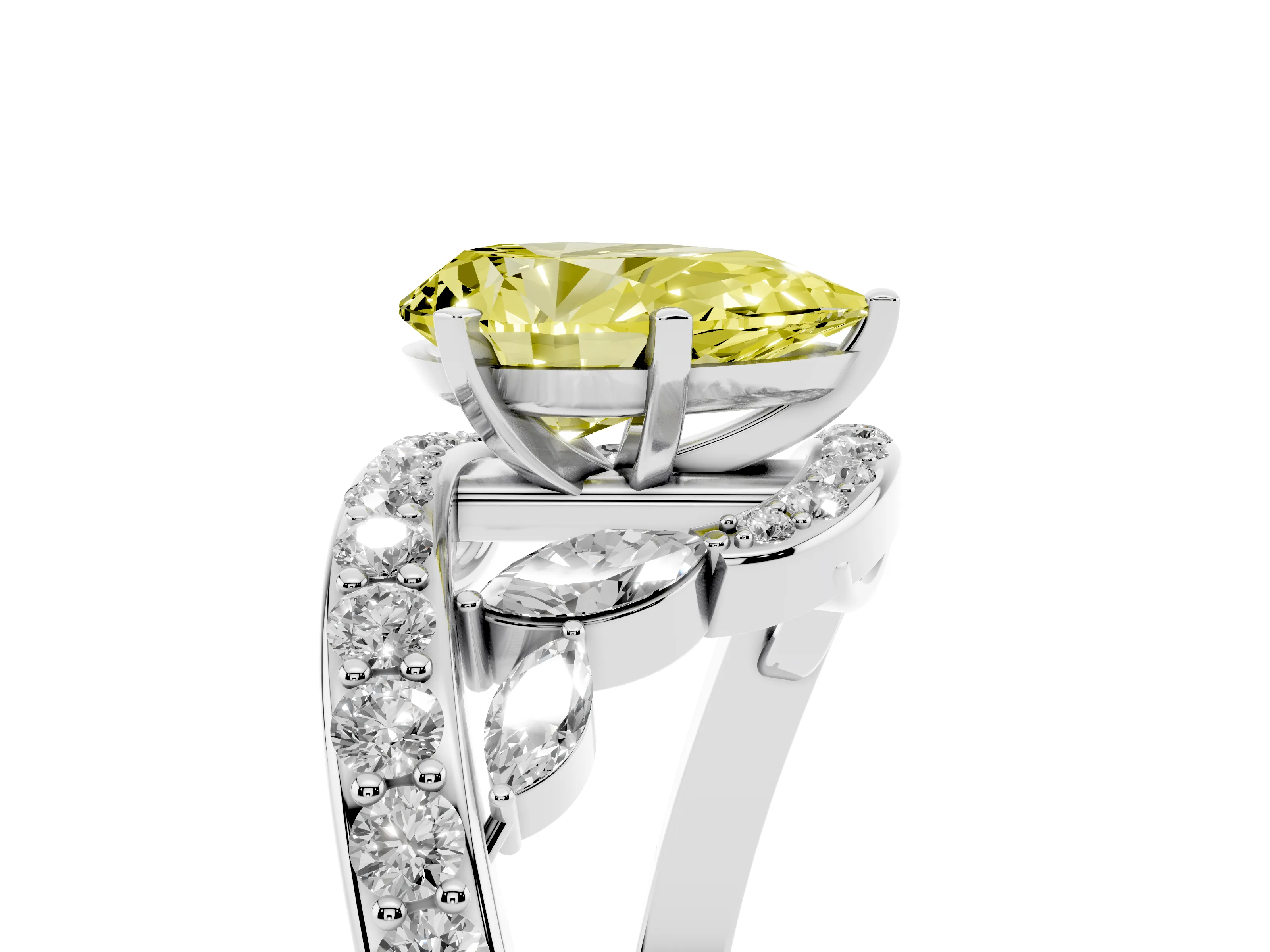 Fancy Yellow Pear Cut Diamond Solitaire Ring Set in White gold with Pavé Twist Band and Secure Prong Setting