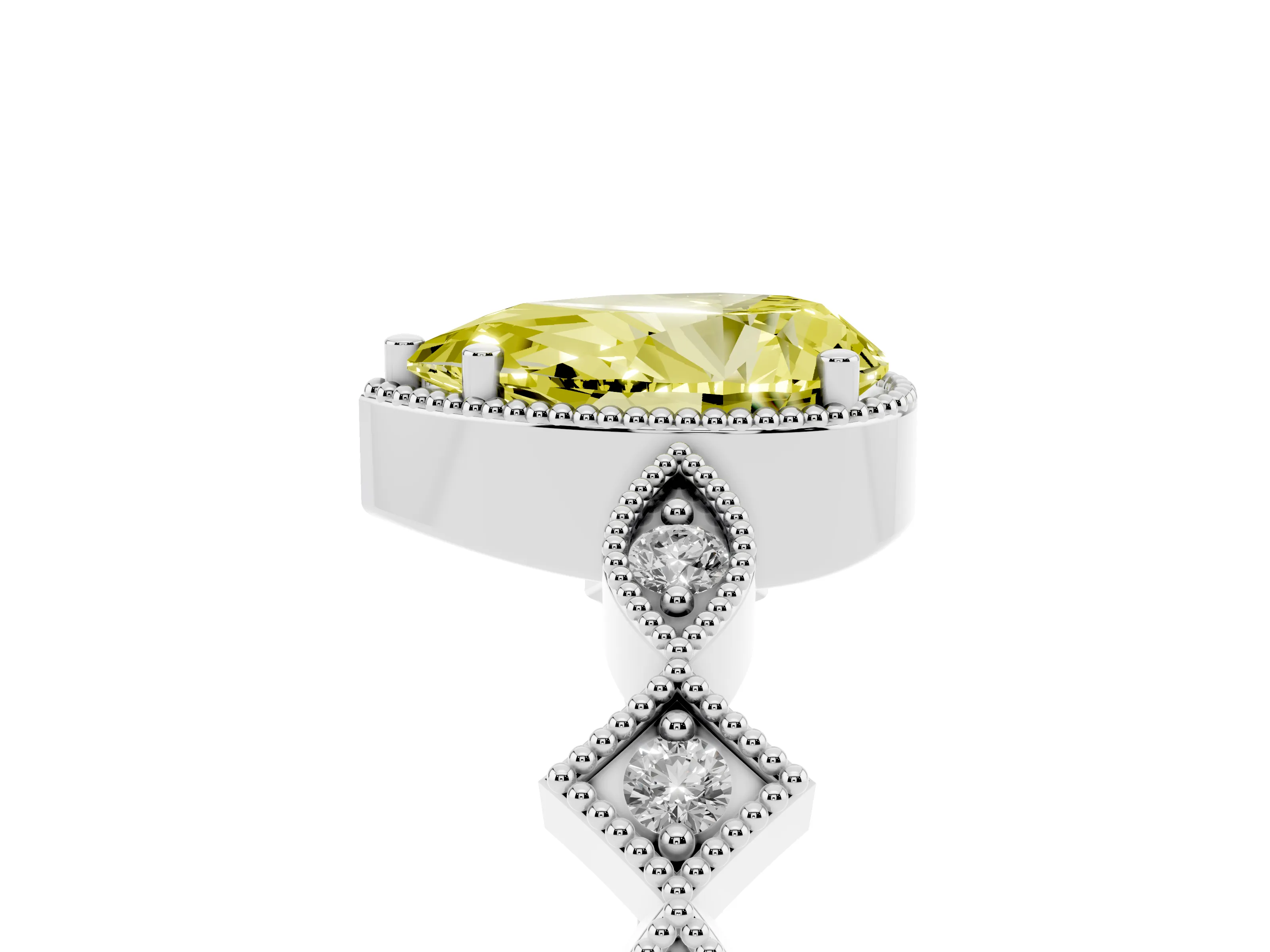 Fancy Yellow Pear Cut Diamond Milgrain Marquise Twist Band Ring Set in White gold with Prong Setting