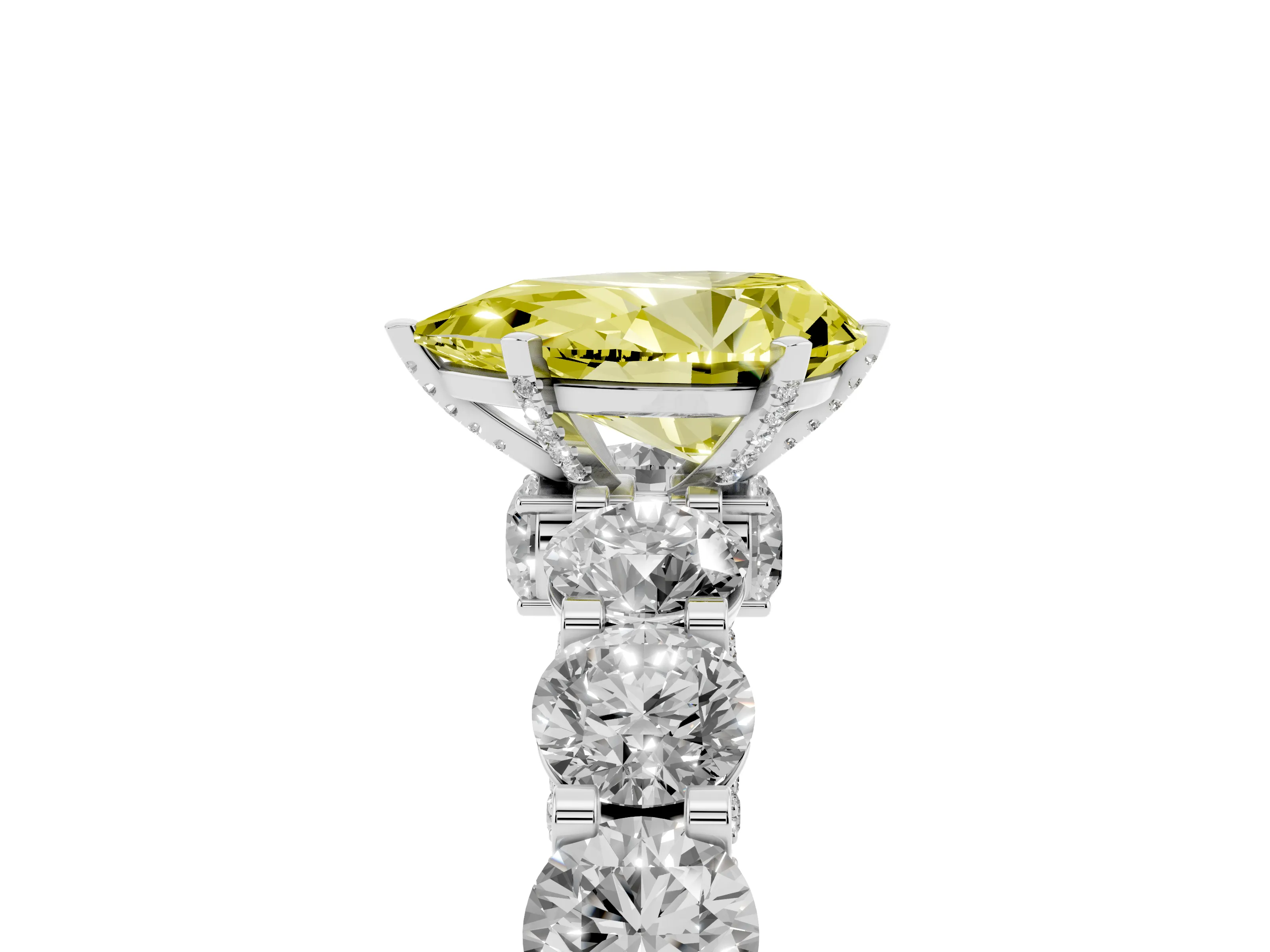Fancy Yellow Pear Cut Diamond Side Stone Ring Set in Platinum with Alternating Round and Oval Side Stones