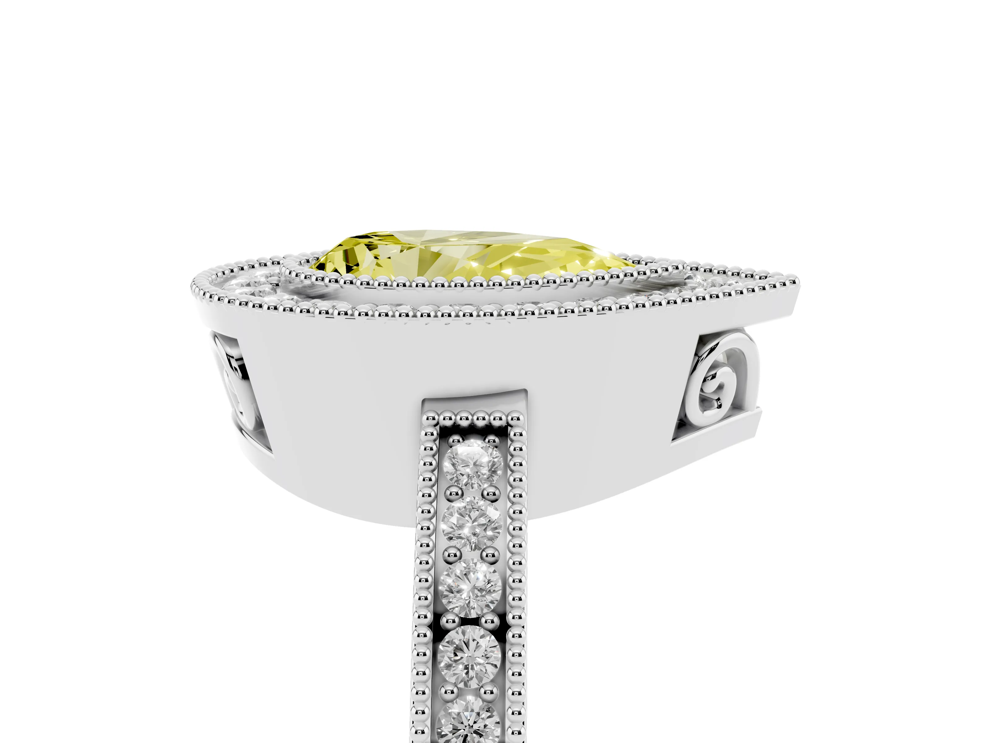 Fancy Yellow Pear Cut Diamond Halo Ring Set in Platinum with Pavé Band and Milgrain-Edged Prongs
