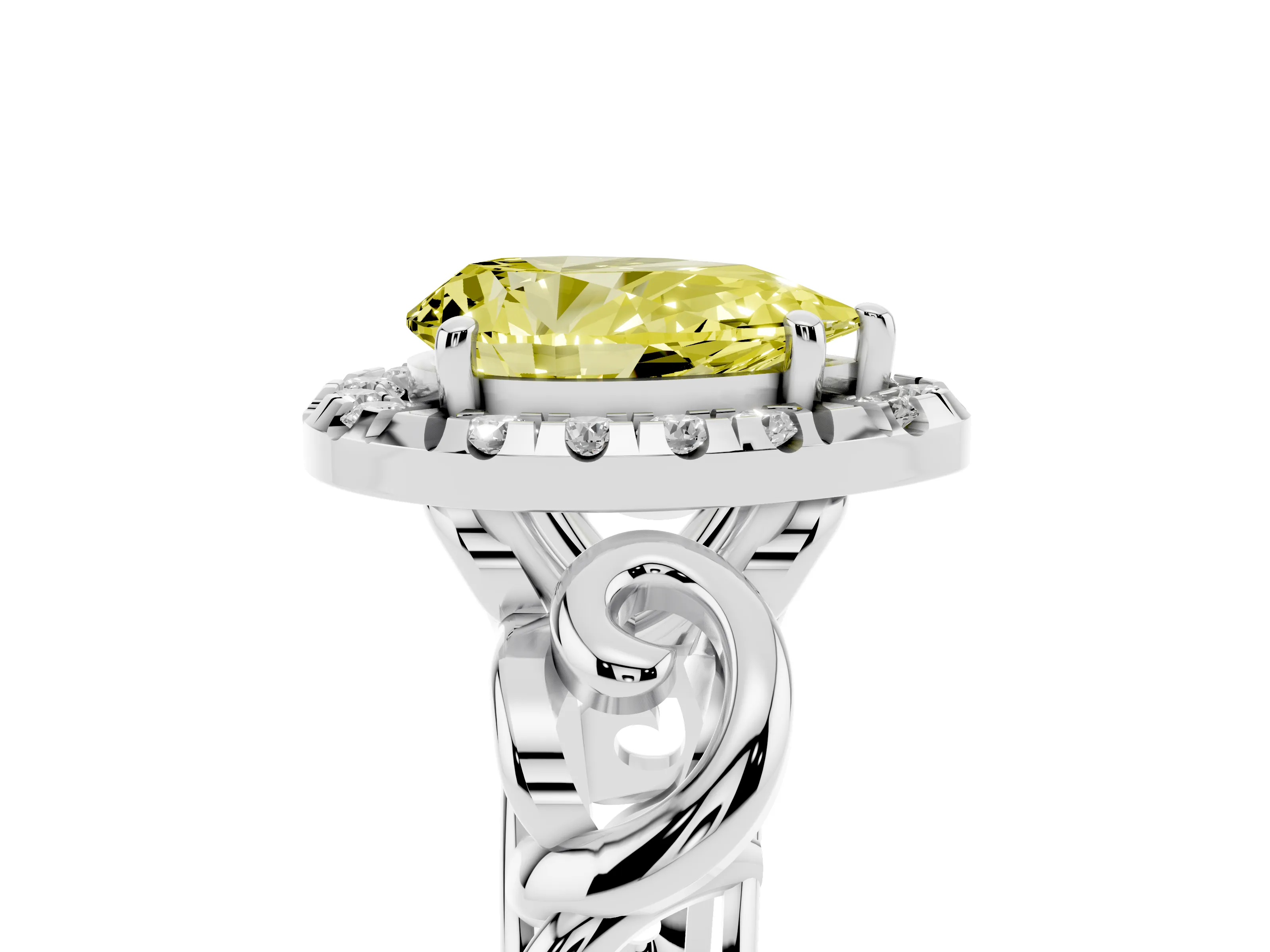 Fancy Yellow Pear Cut Diamond Halo Ring Set in Platinum with Scrollwork Band and Prong Setting