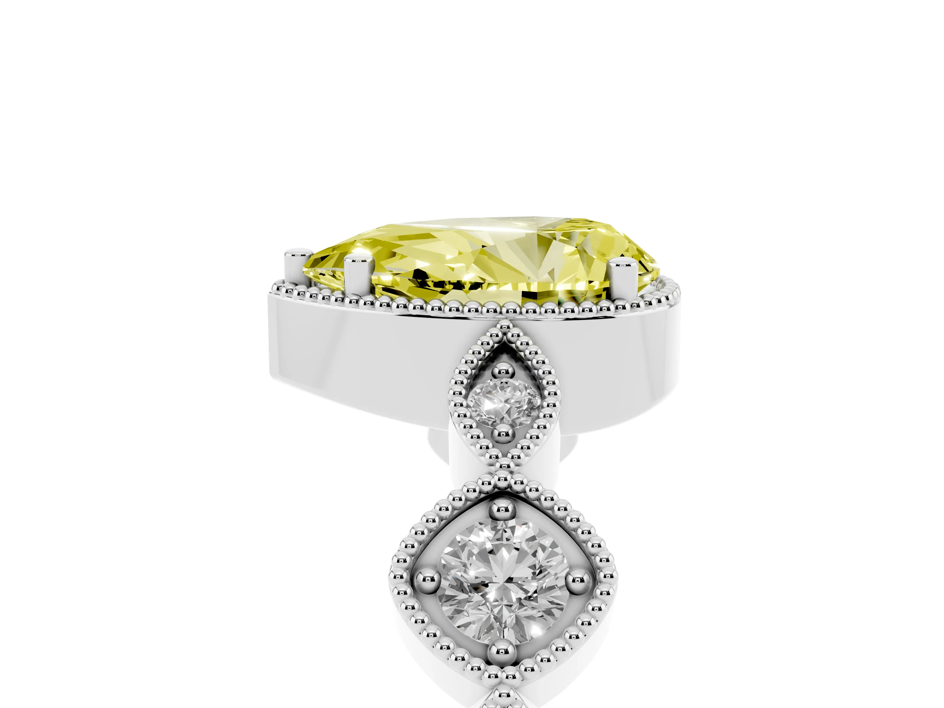Fancy Yellow Pear Cut Diamond Vintage-Inspired Milgrain Ring Set in White gold with Marquise Stations of Round Accents