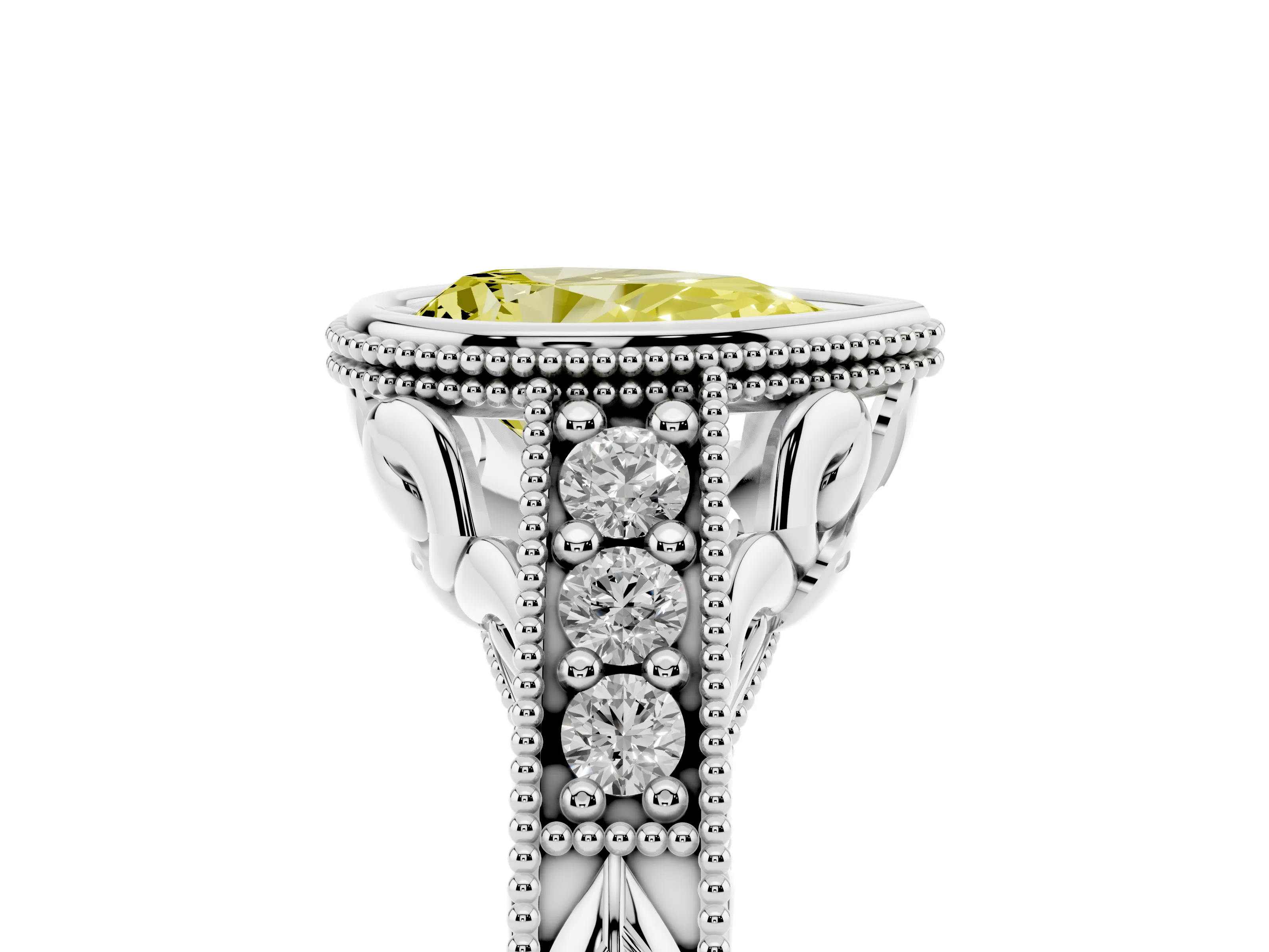 Fancy Yellow Bezel Set Pear Cut Diamond Milgrain Pavé Engagement Ring Set in Silver