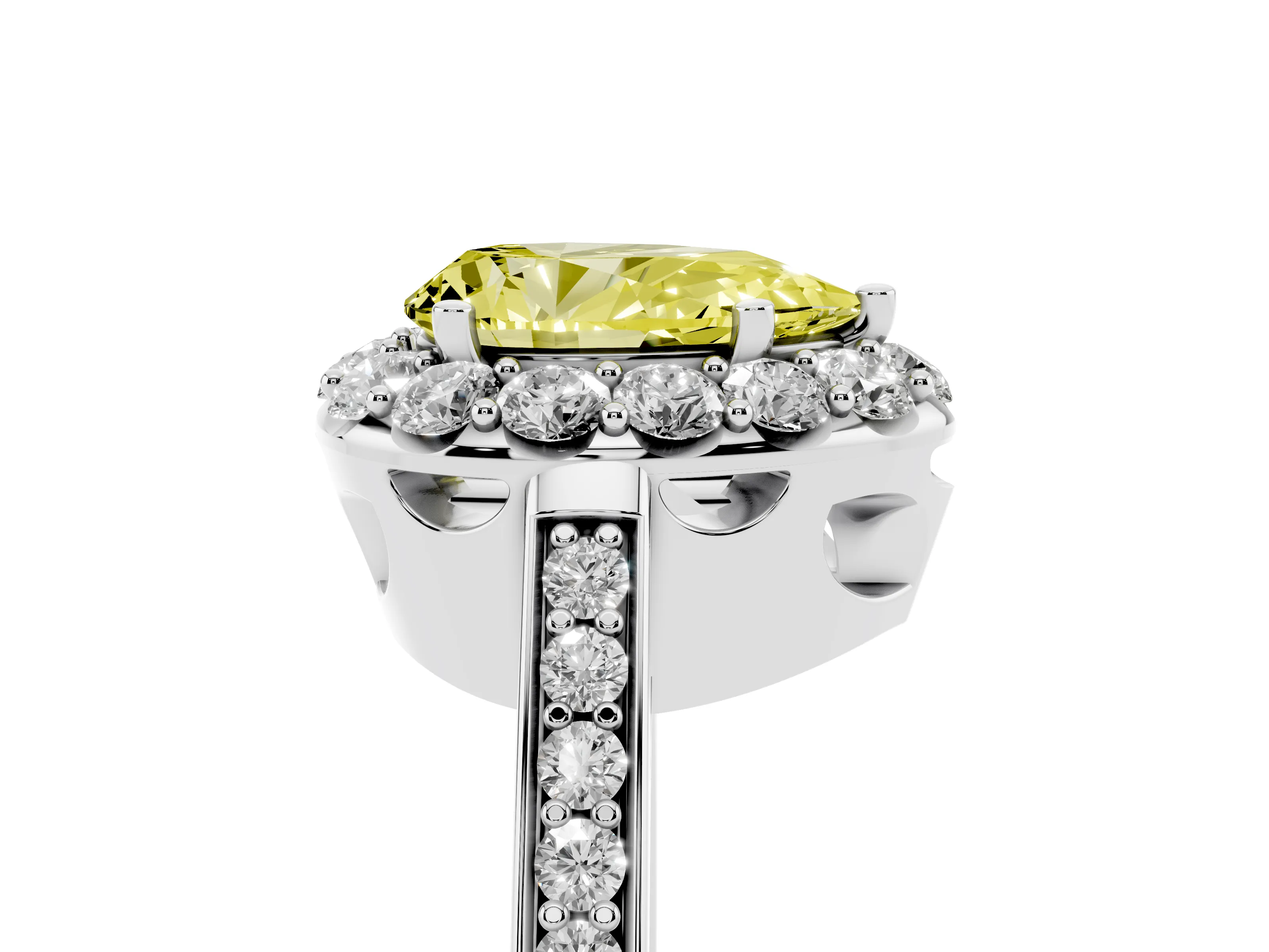 Fancy Yellow Pear Cut Diamond Floral Halo Ring Set in Platinum with Pavé Band and Prong Setting