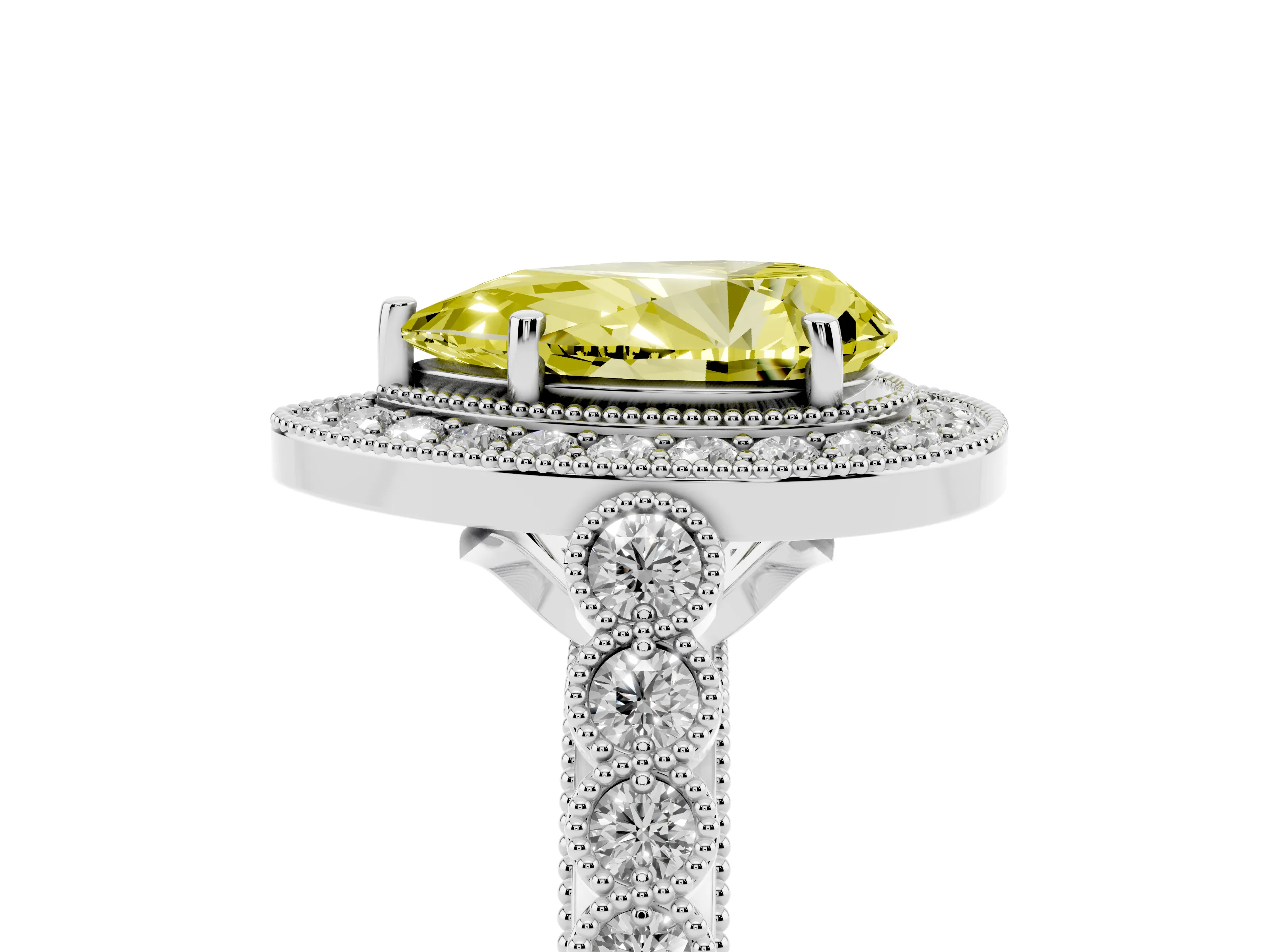 Fancy Yellow Pear Cut Diamond Milgrain Halo Solitaire Ring Set in Silver with Bezel Set Side Stones and Pavé Band