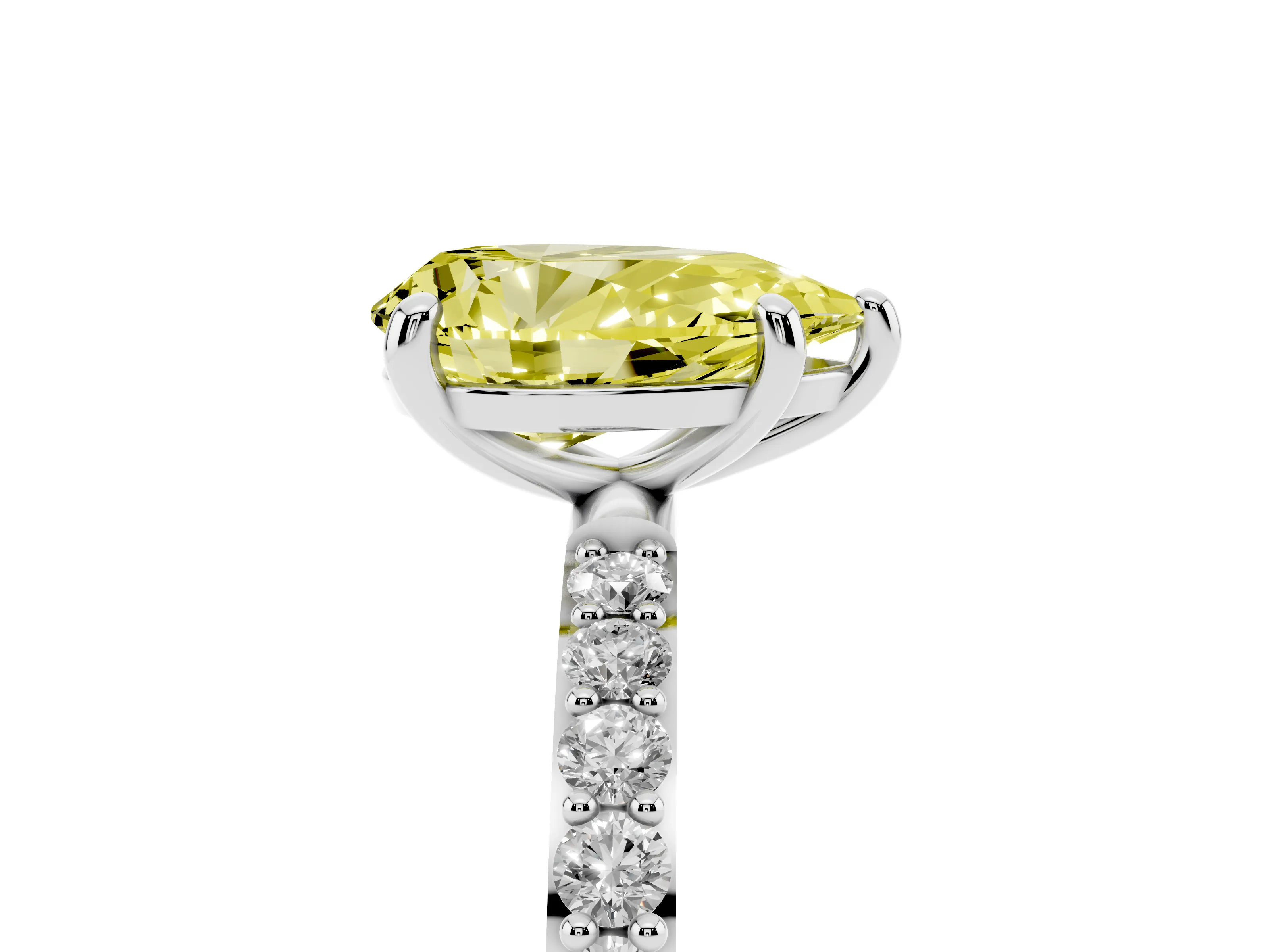Fancy Yellow Pear Cut Diamond Solitaire Ring Set in Platinum with Round Pavé Band and Prong Setting