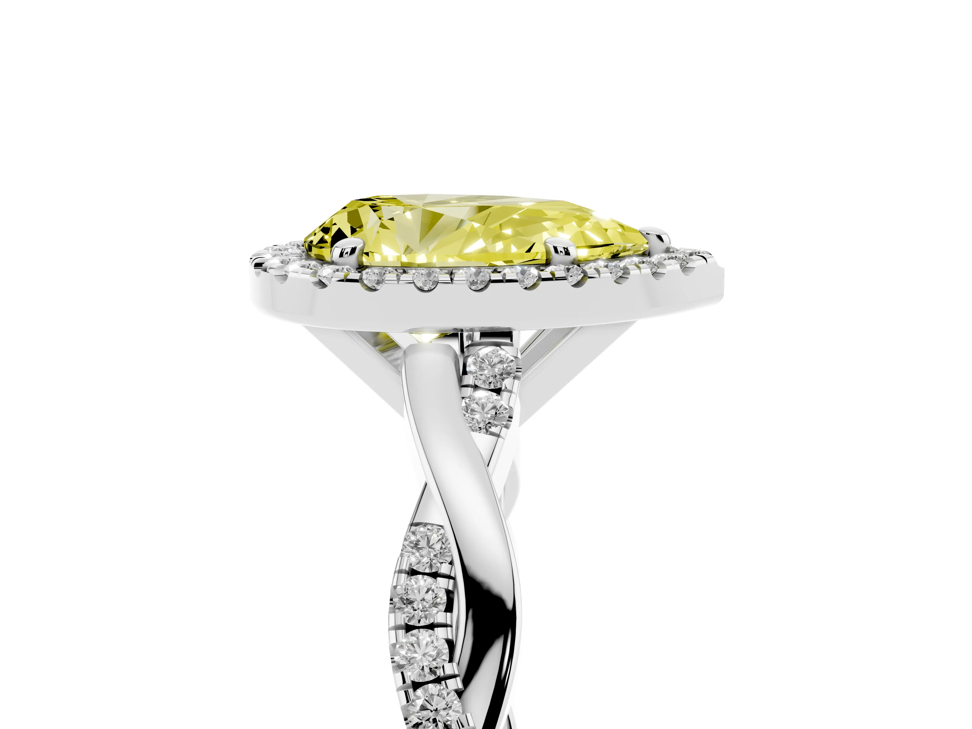 Fancy Yellow Pear Cut Diamond Halo Twisted Band Ring Set in White gold with Prong Setting