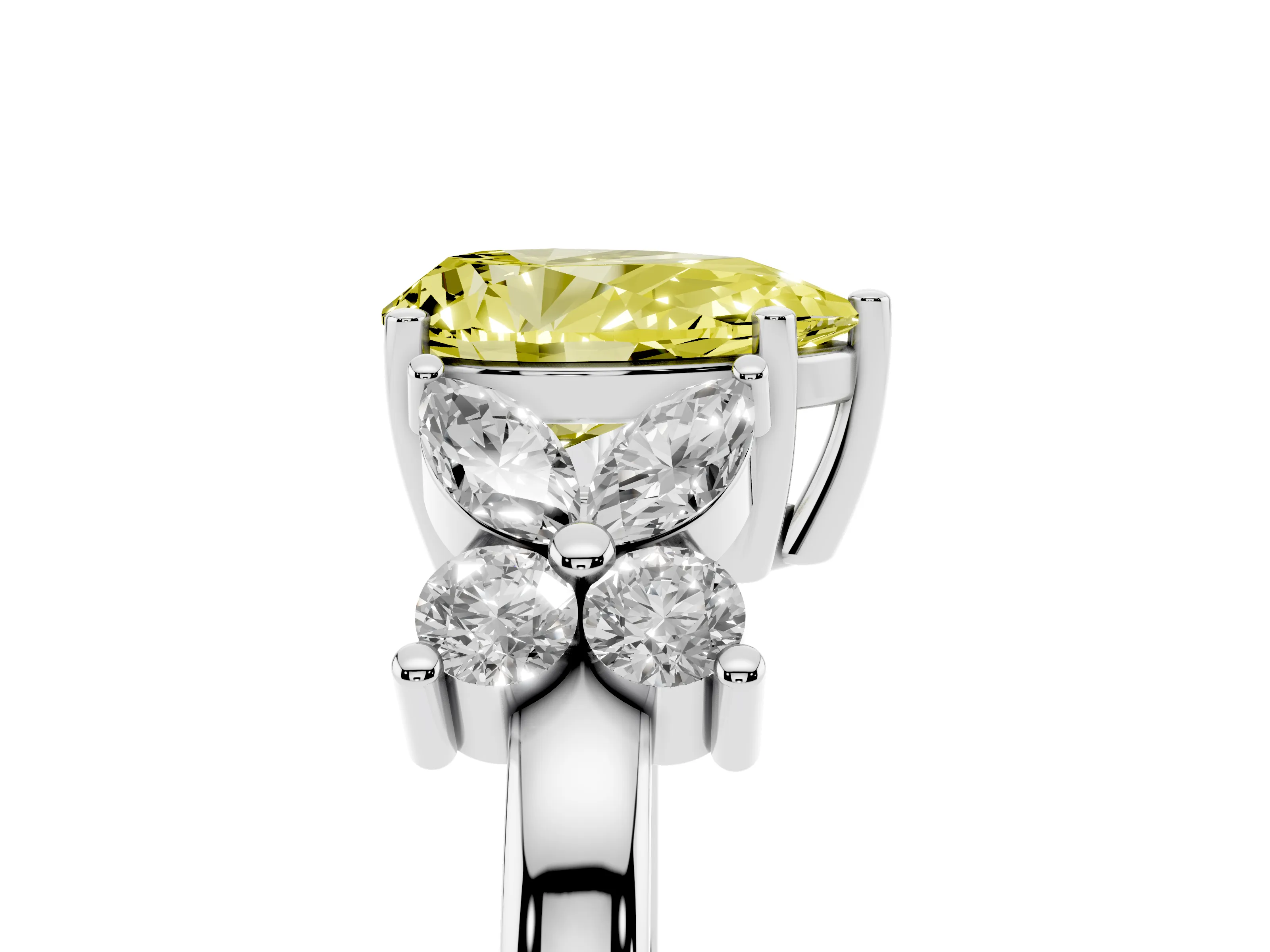 Fancy Yellow Pear Cut Diamond Floral Cluster Ring Set in White gold with Marquise Petals and Prong Setting