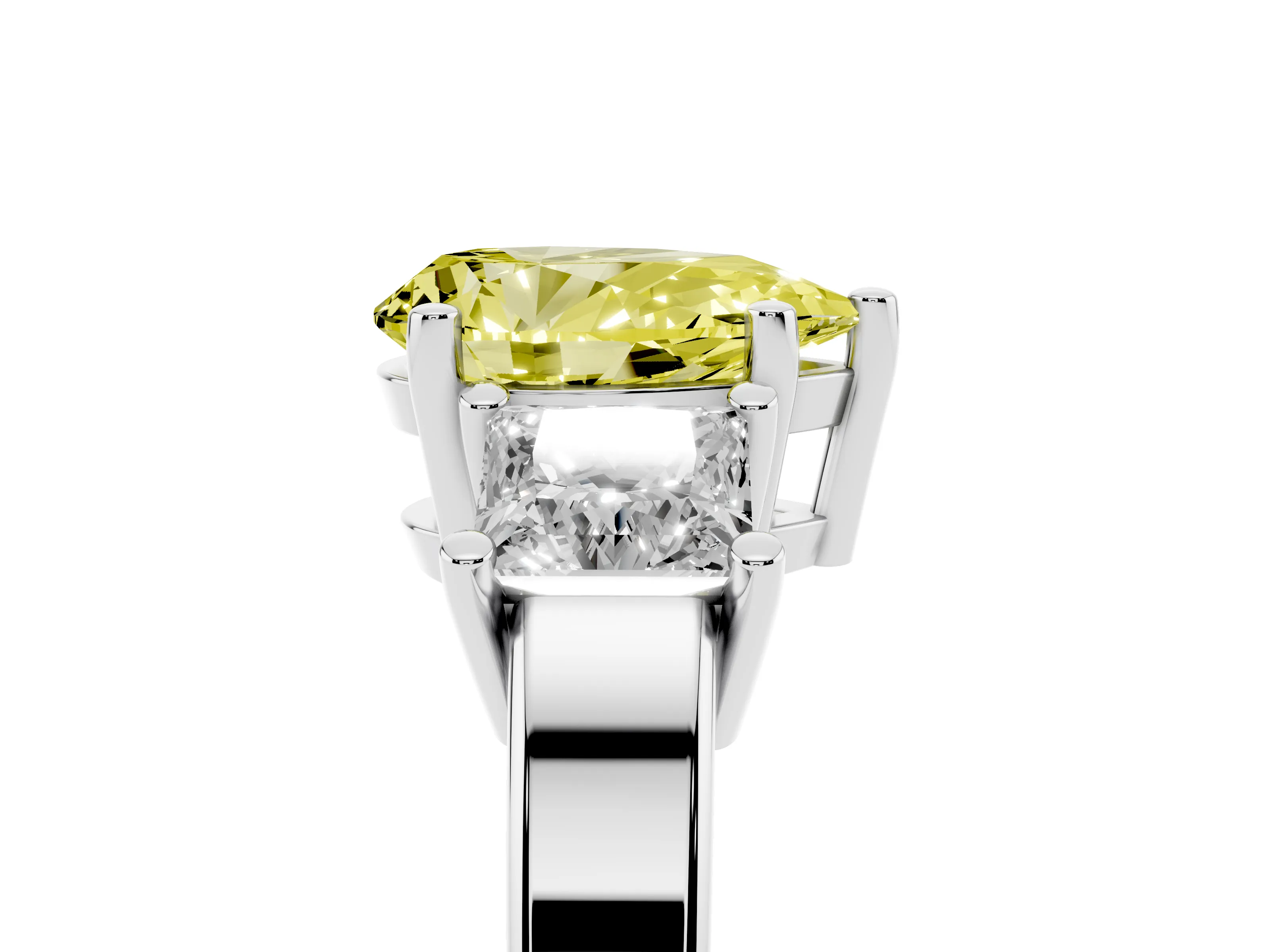 Fancy Yellow Three-Stone Pear Cut Diamond Solitaire Ring Set in Platinum with Prong Setting