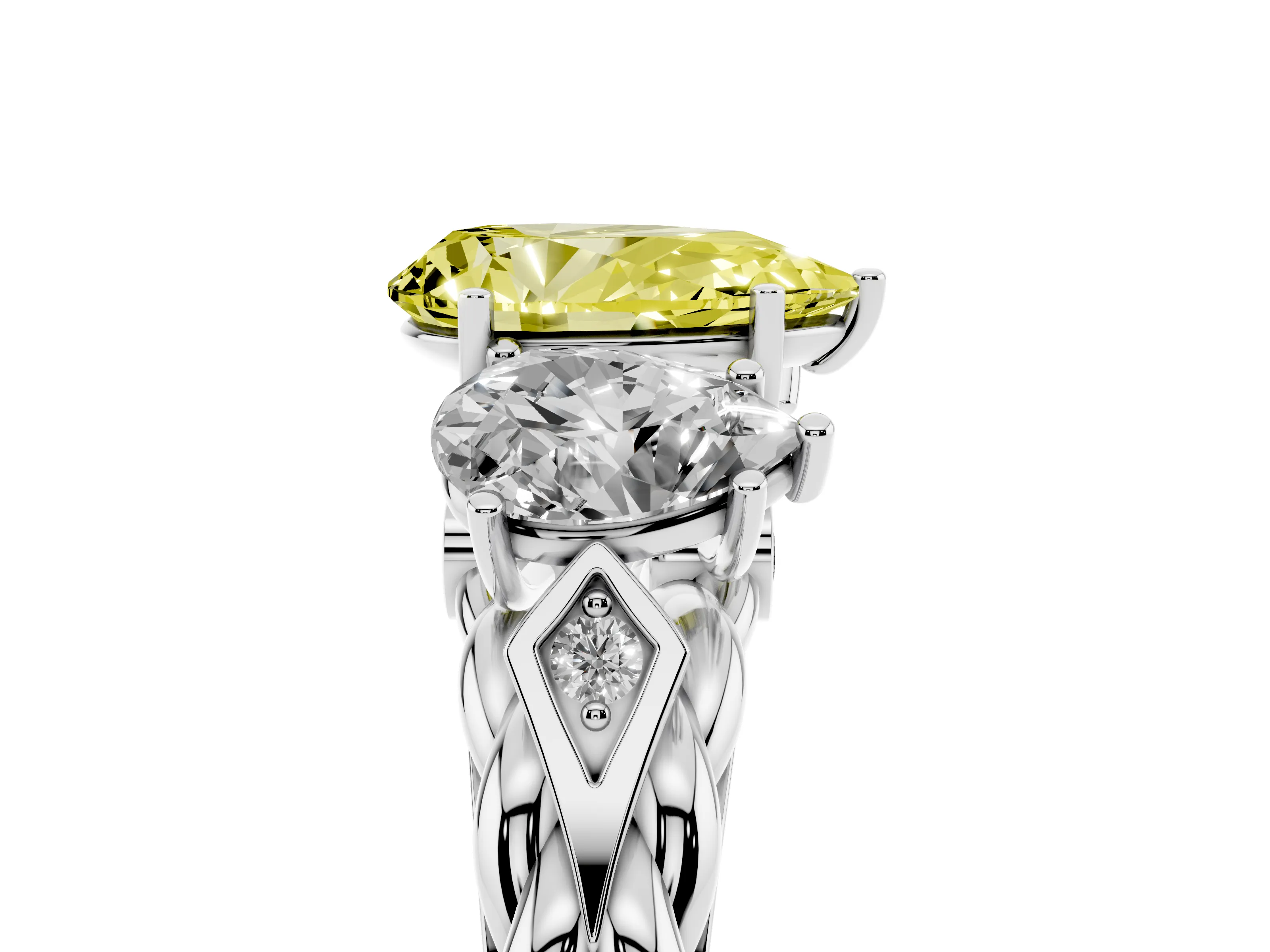 Fancy Yellow Pear Cut Diamond Three-Stone Ring Set in White gold with Braided Band