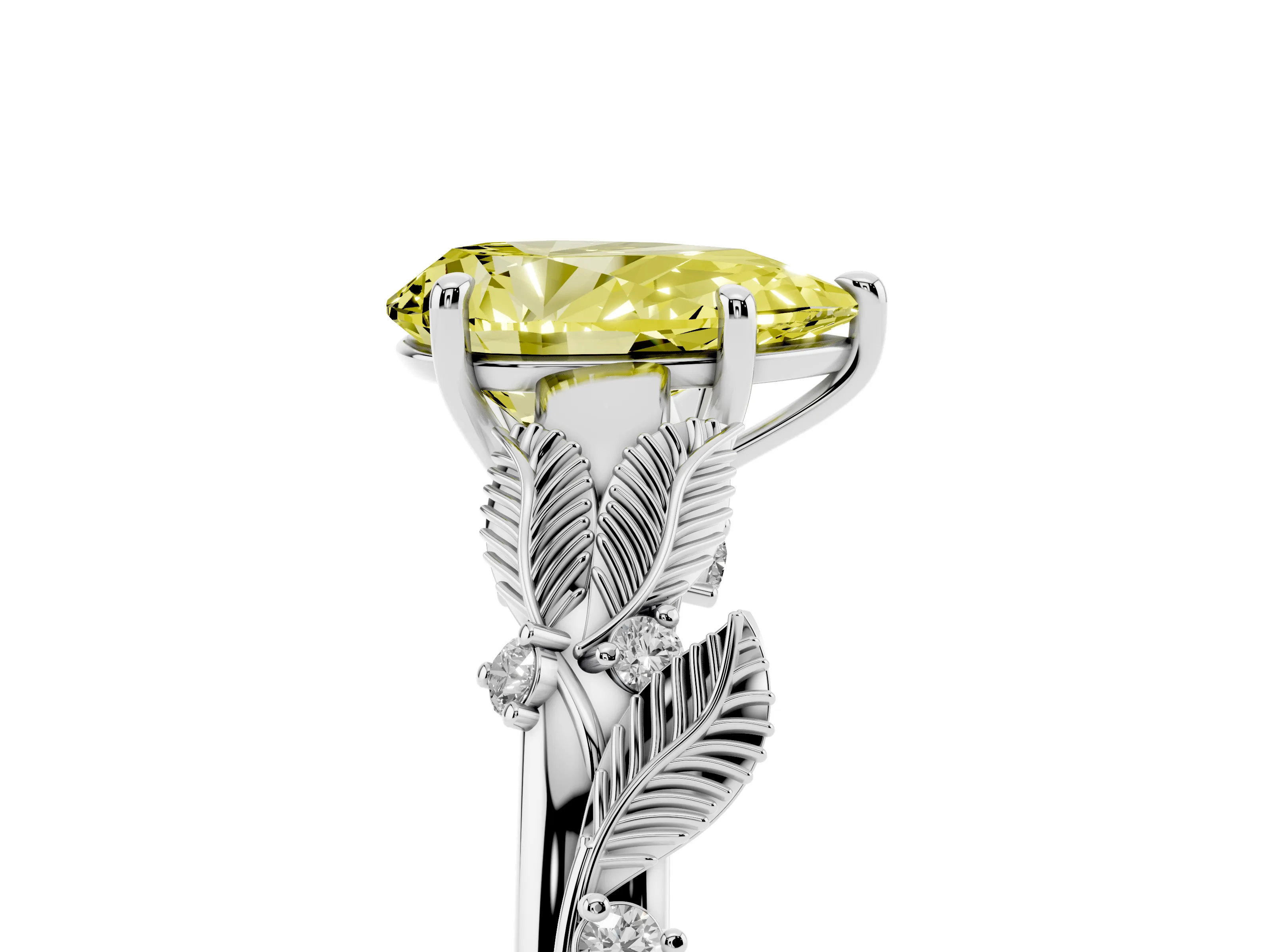 Fancy Yellow Pear Cut Diamond Solitaire Ring Set in Silver with Leaf Motif Band