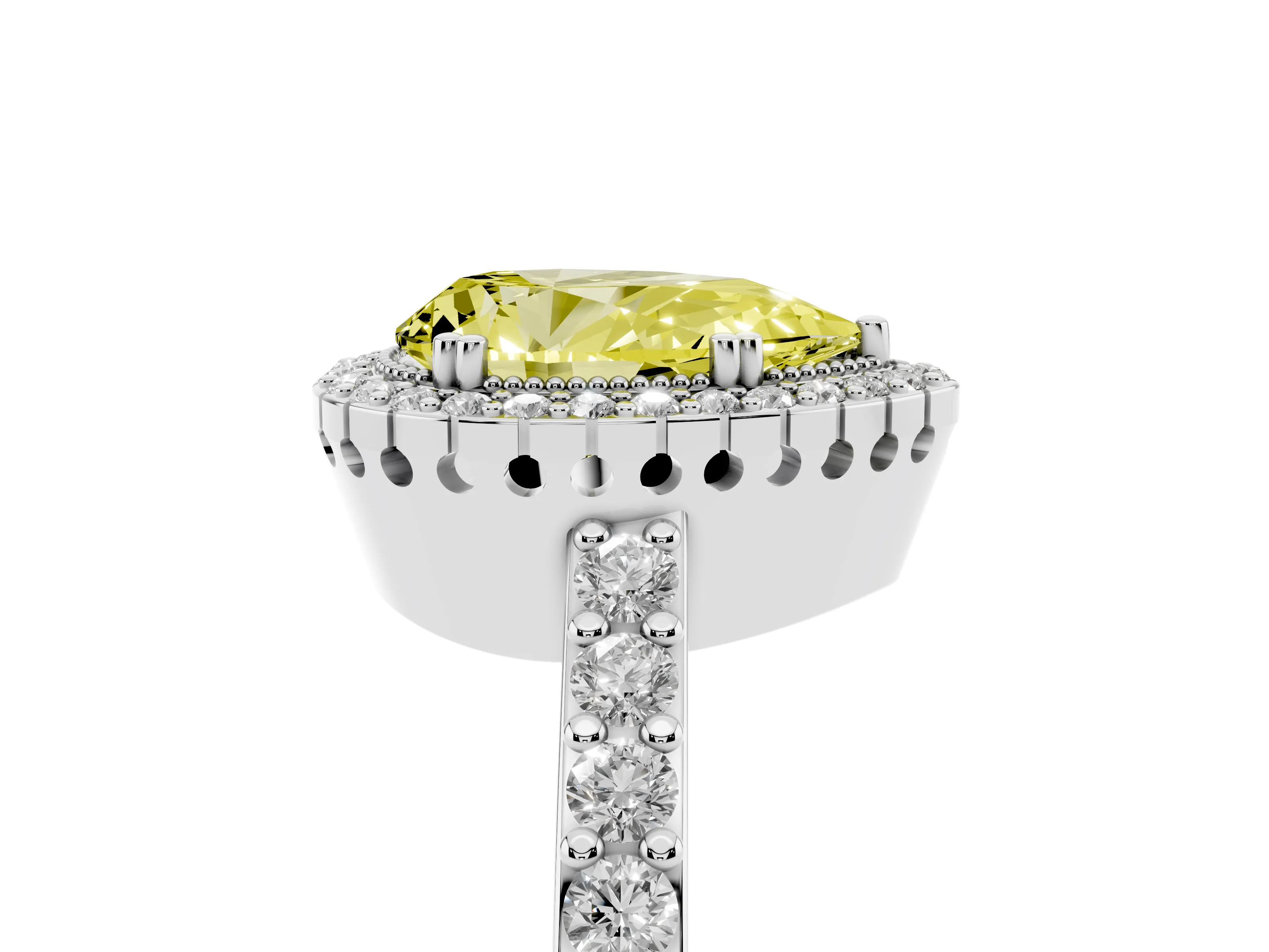 Fancy Yellow Pear Cut Diamond Halo Engagement Ring Set in Platinum with Milgrain Detail and Pavé Band