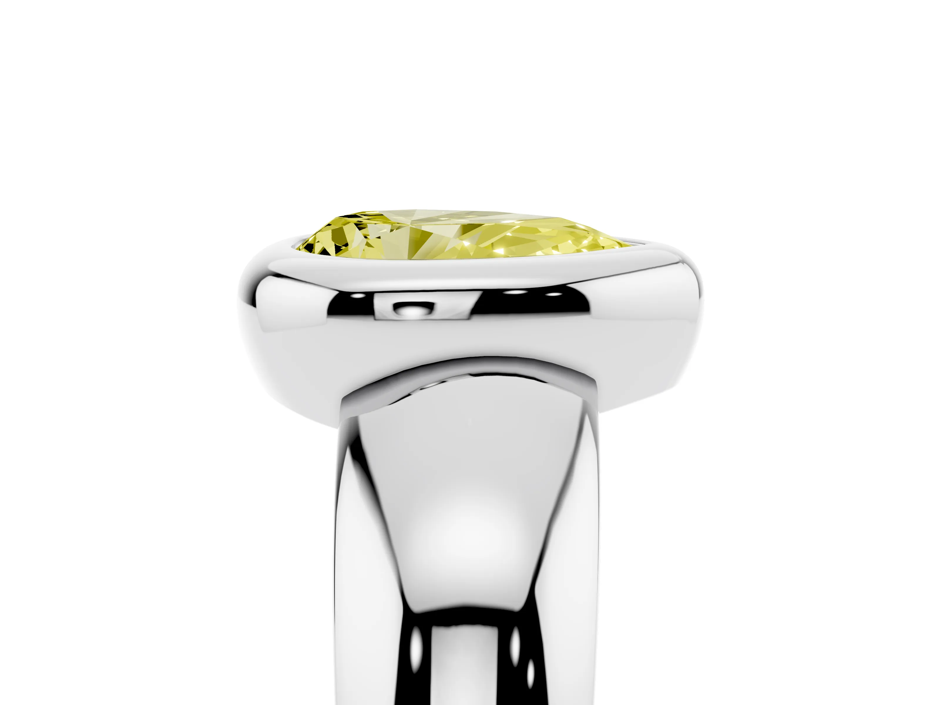 Fancy Yellow Bezel Set Pear Cut Diamond Solitaire Ring Set in Platinum with Wide Band