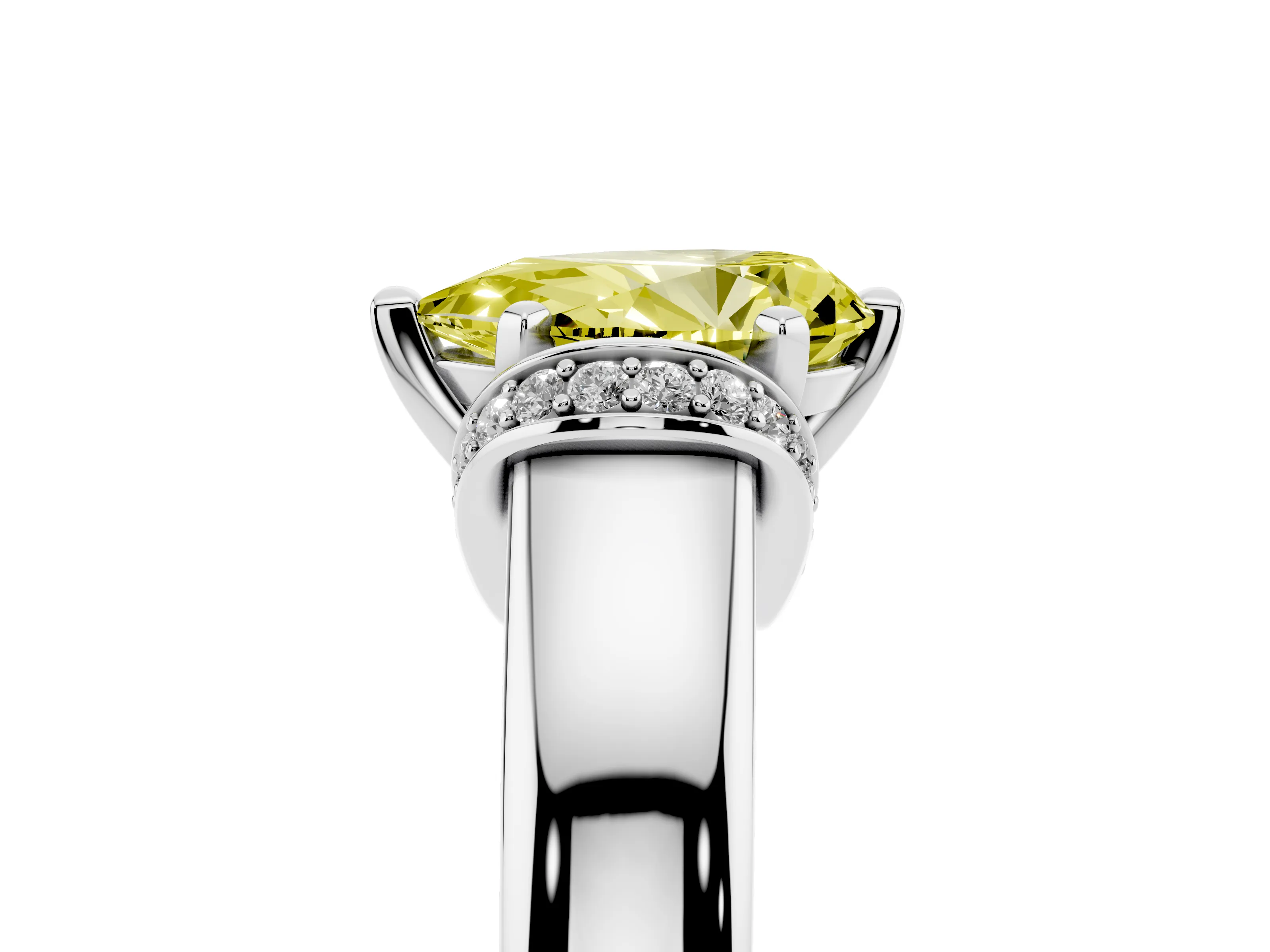 Fancy Yellow Pear Cut Diamond Pavé Band Solitaire Ring Set in Silver with Prong Setting
