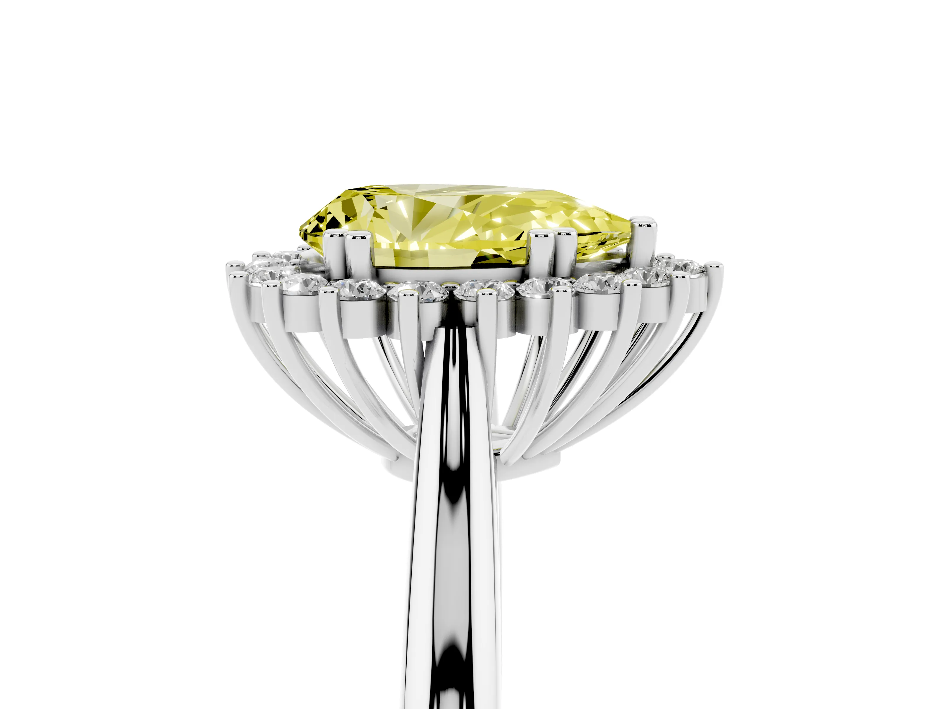 Fancy Yellow Pear Cut Diamond Halo Ring Set in White gold with Plain Solitaire Band and Prong Setting