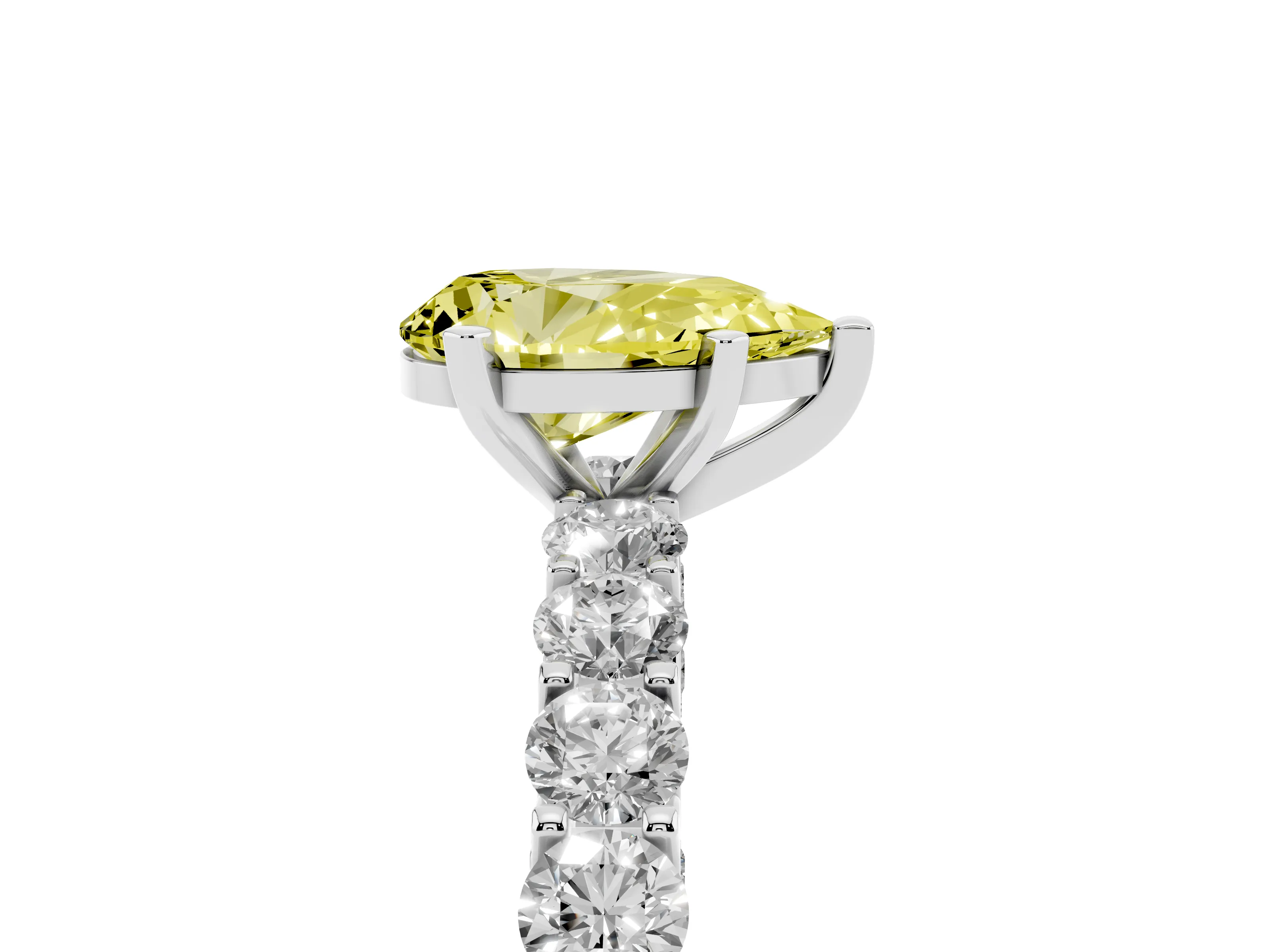 Fancy Yellow Pear Cut Diamond Solitaire Ring Set in Silver with Shared Prong Pavé Band
