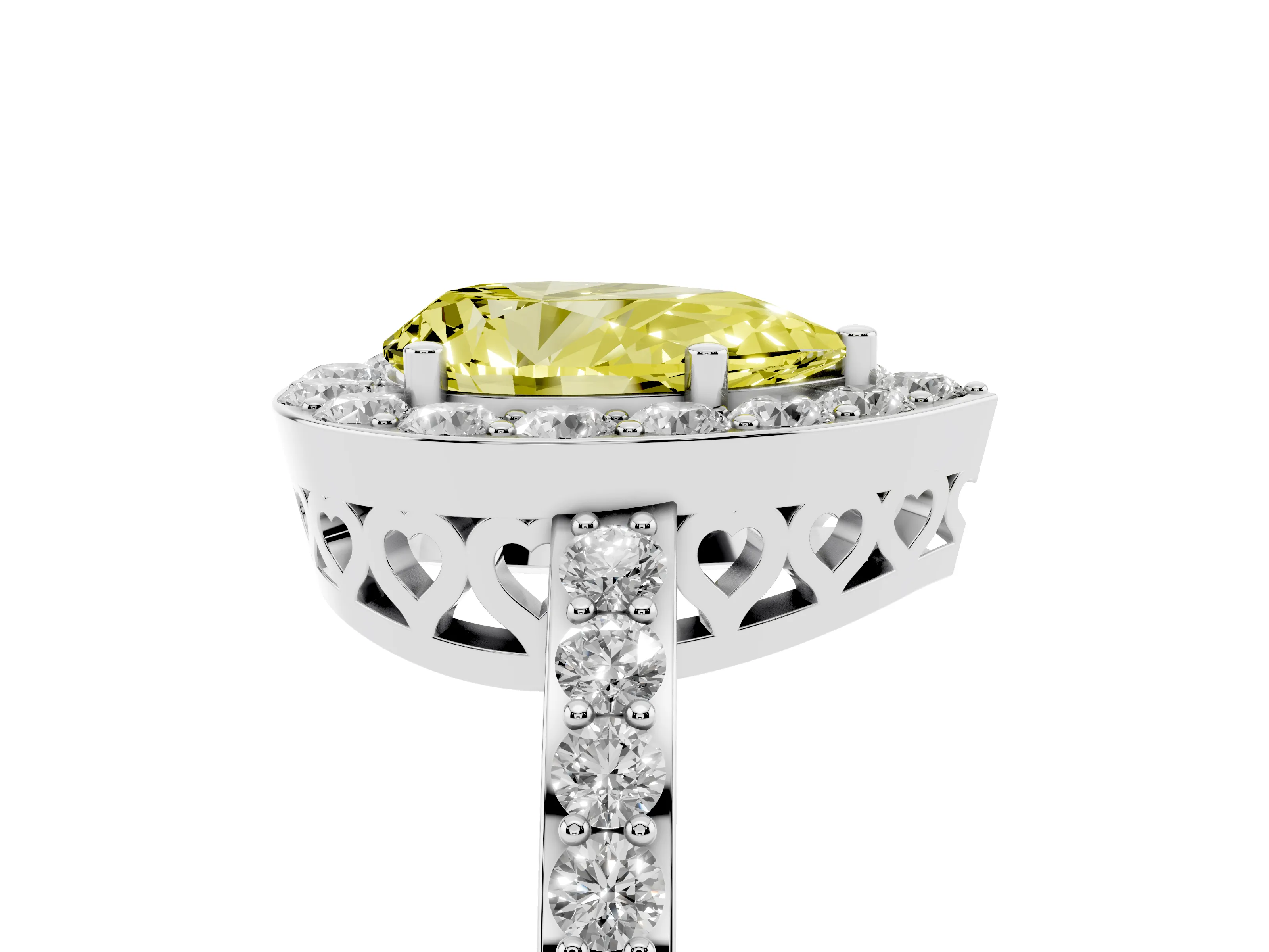 Fancy Yellow Pear Cut Diamond Halo Ring Set in Platinum with Pavé-Setting Band and Open Prong Center