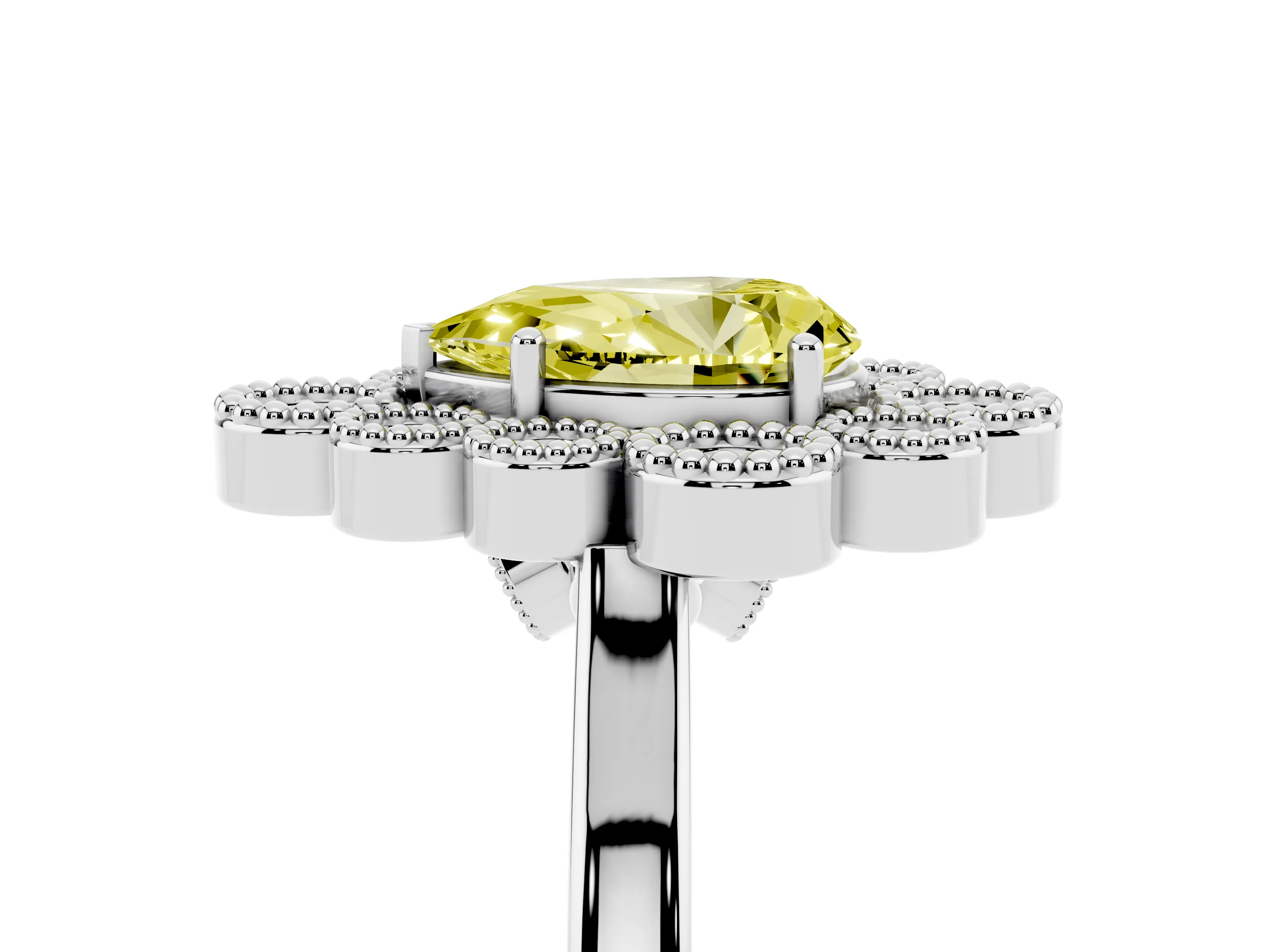 Fancy Yellow Pear Cut Diamond Cluster Halo Ring Set in White gold with Milgrain Bezel Accents and Plain Band