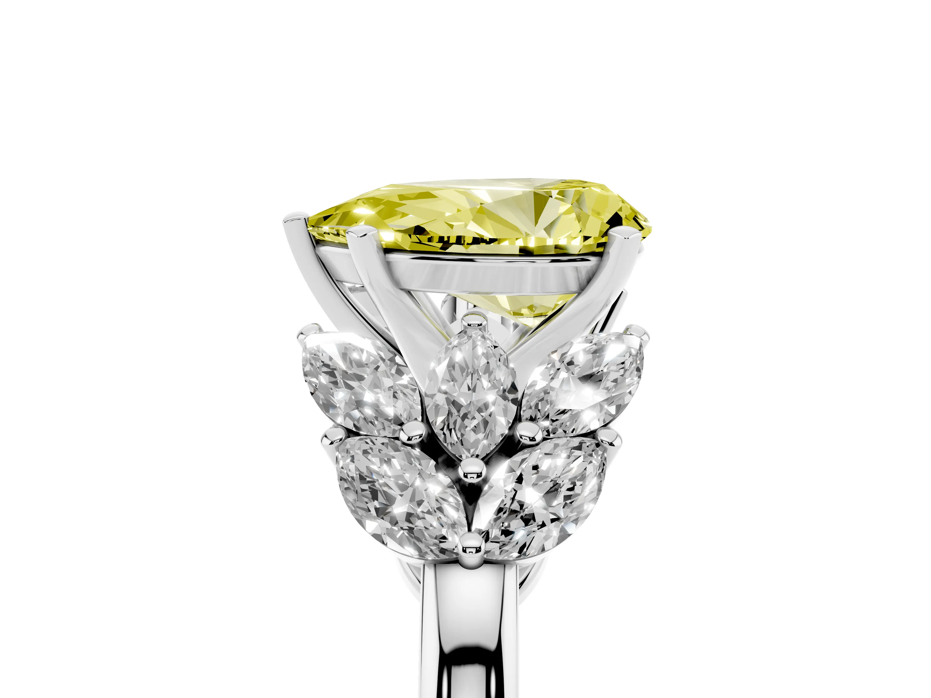 Fancy Yellow Pear Cut Diamond Cluster Leaf Design Ring Set in Silver with Prong Setting