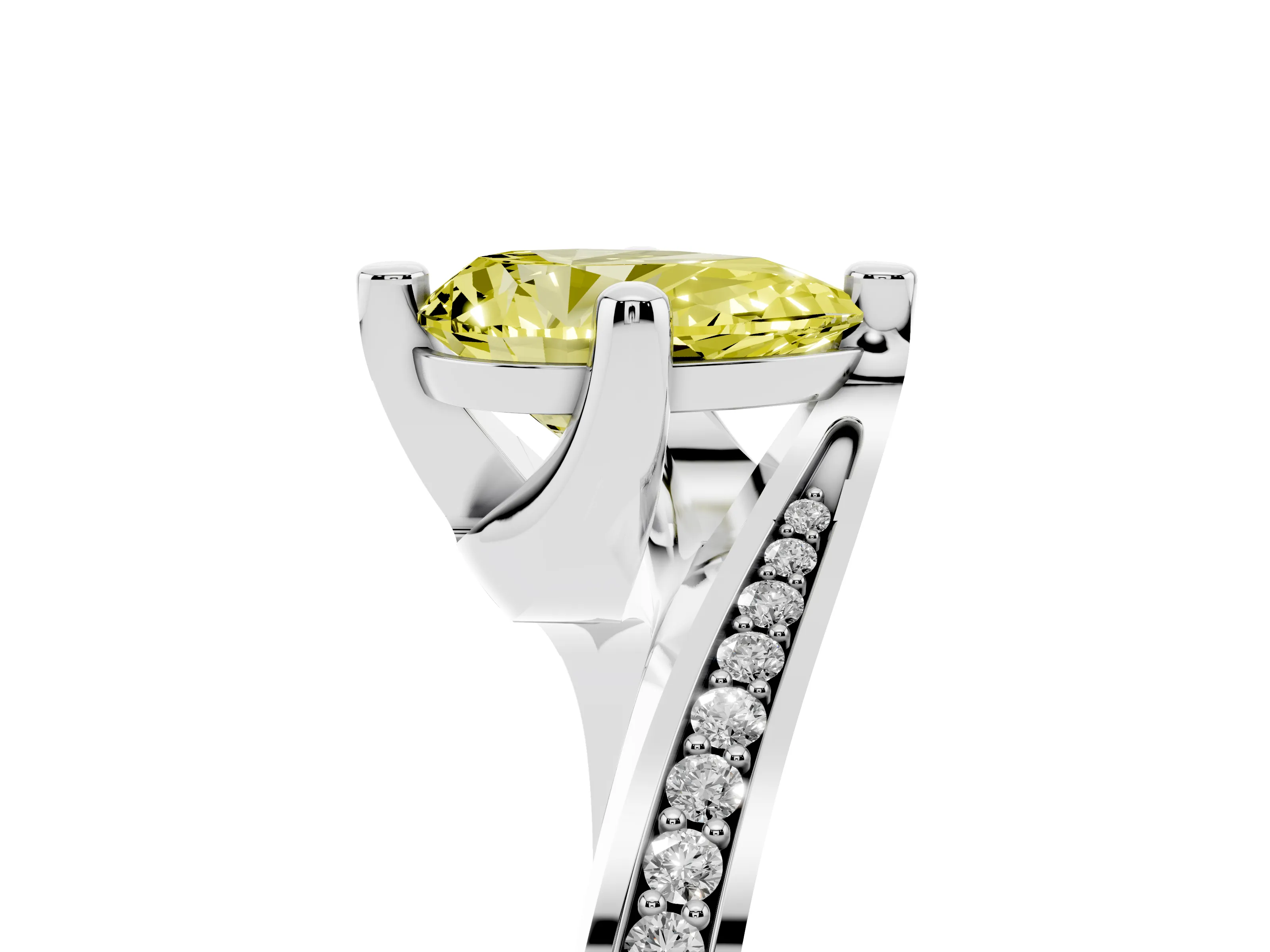Fancy Yellow Pear Cut Diamond Solitaire Ring Set in White gold with Intertwined Pavé Twist Band