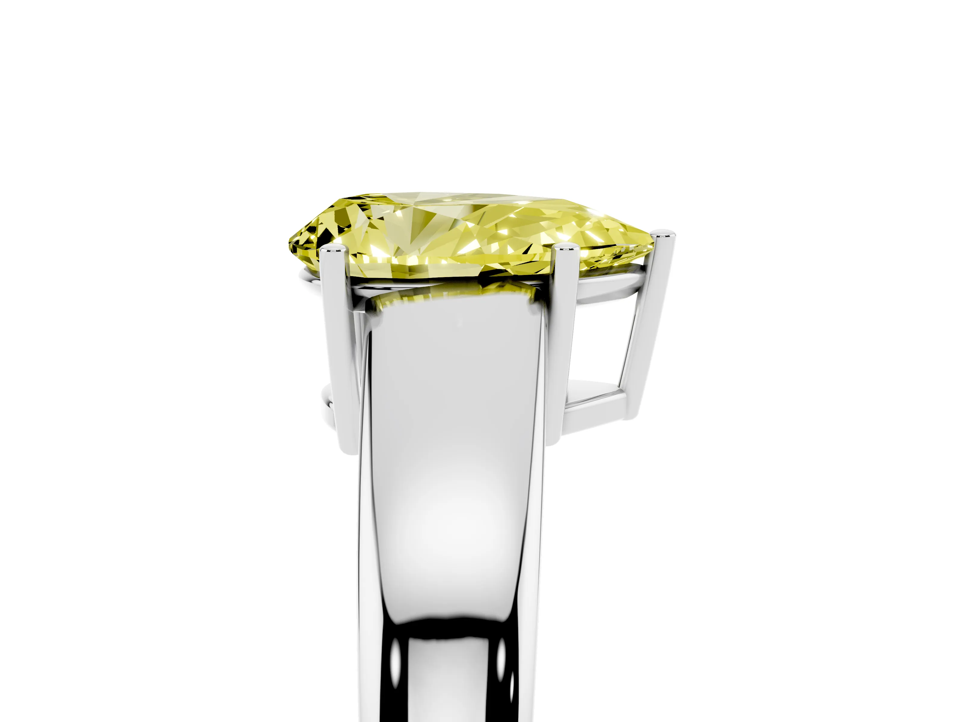 Fancy Yellow Pear Cut Diamond Solitaire Ring Set in White gold with Tapered Band and Prong Setting