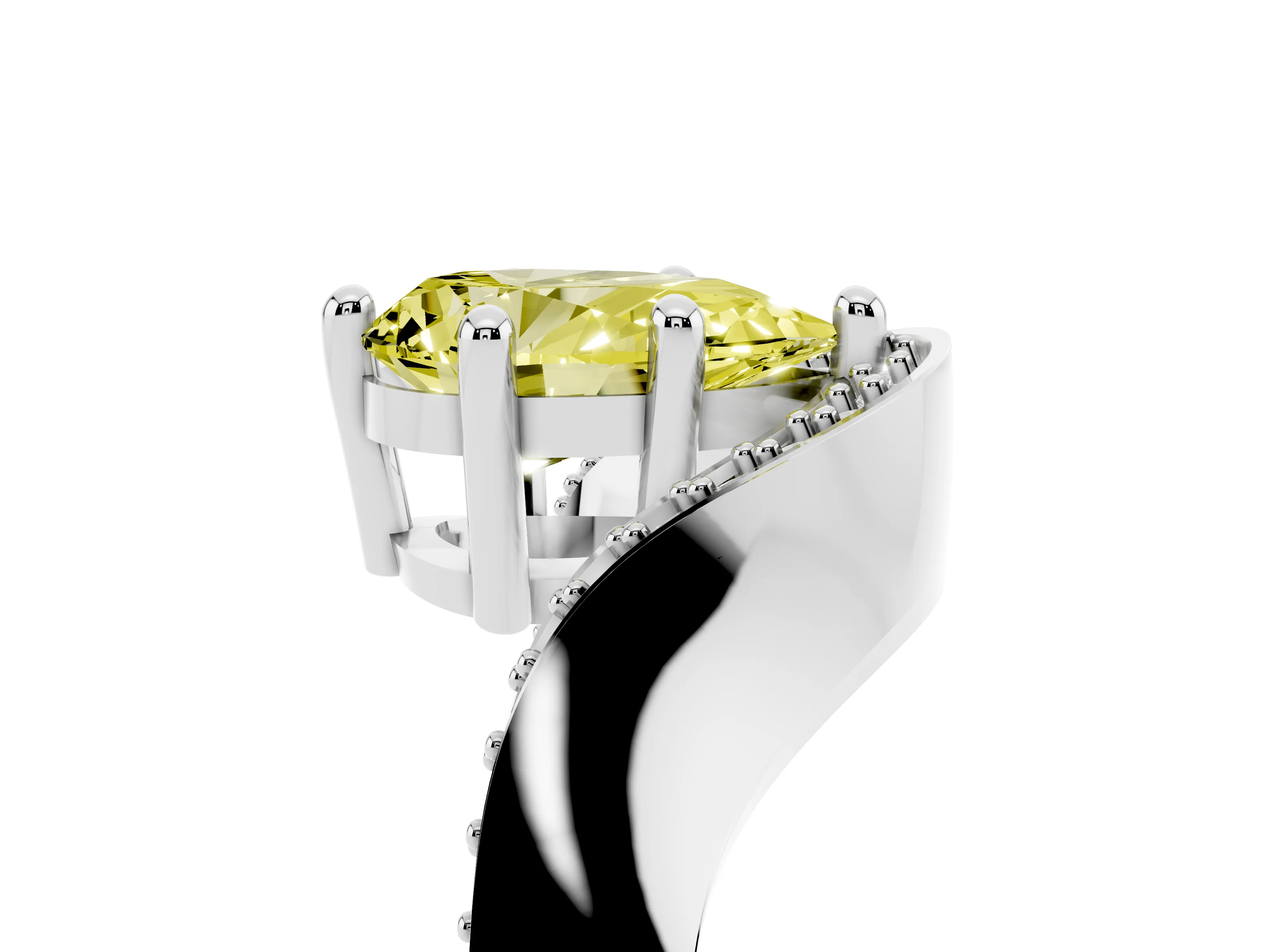 Fancy Yellow Pear Cut Diamond Solitaire Engagement Ring Set in White gold with Pavé Shoulders