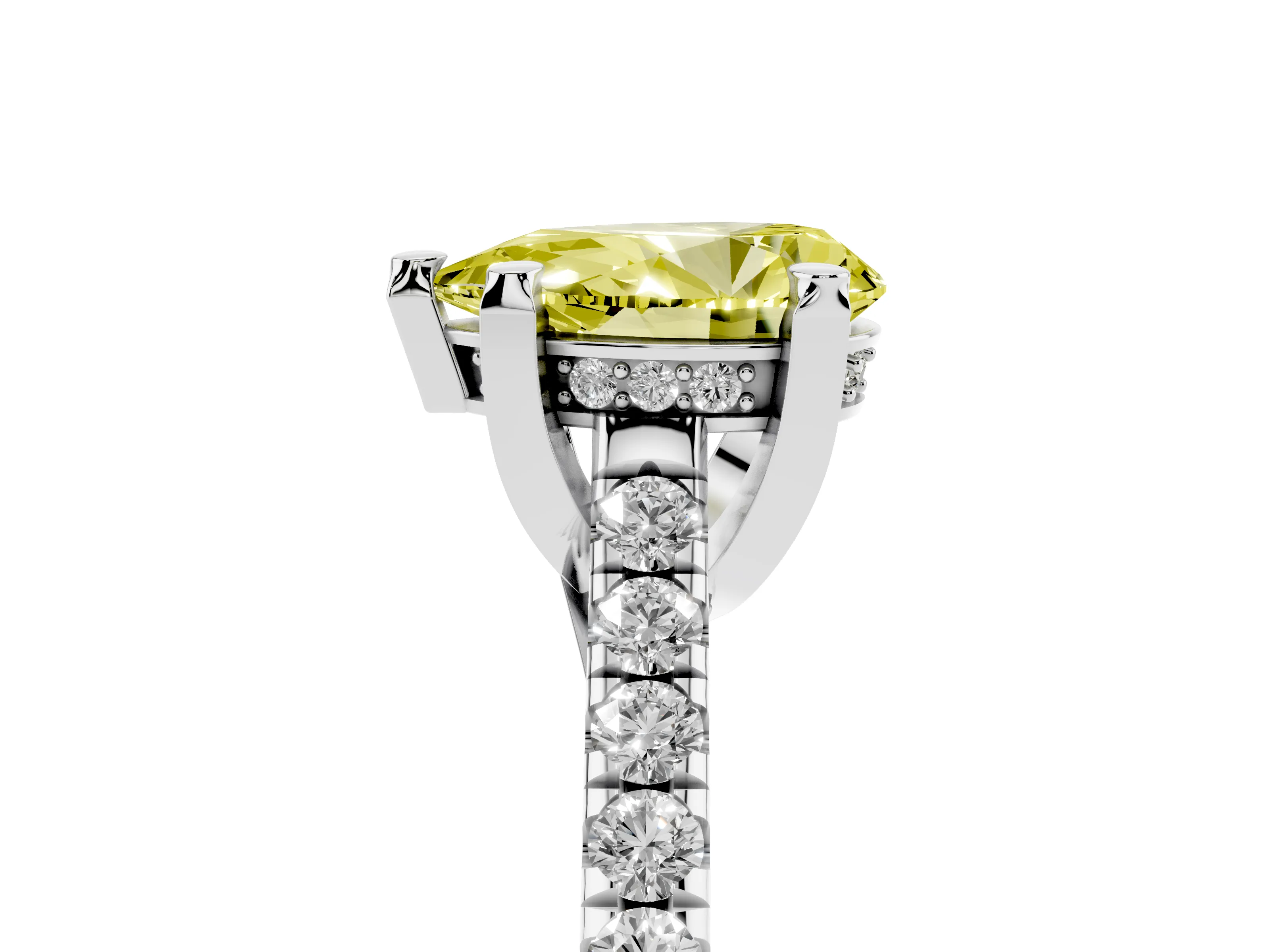Fancy Yellow Pear Cut Diamond Solitaire Ring Set in Platinum with Brilliant Pavé Band and Prong Setting