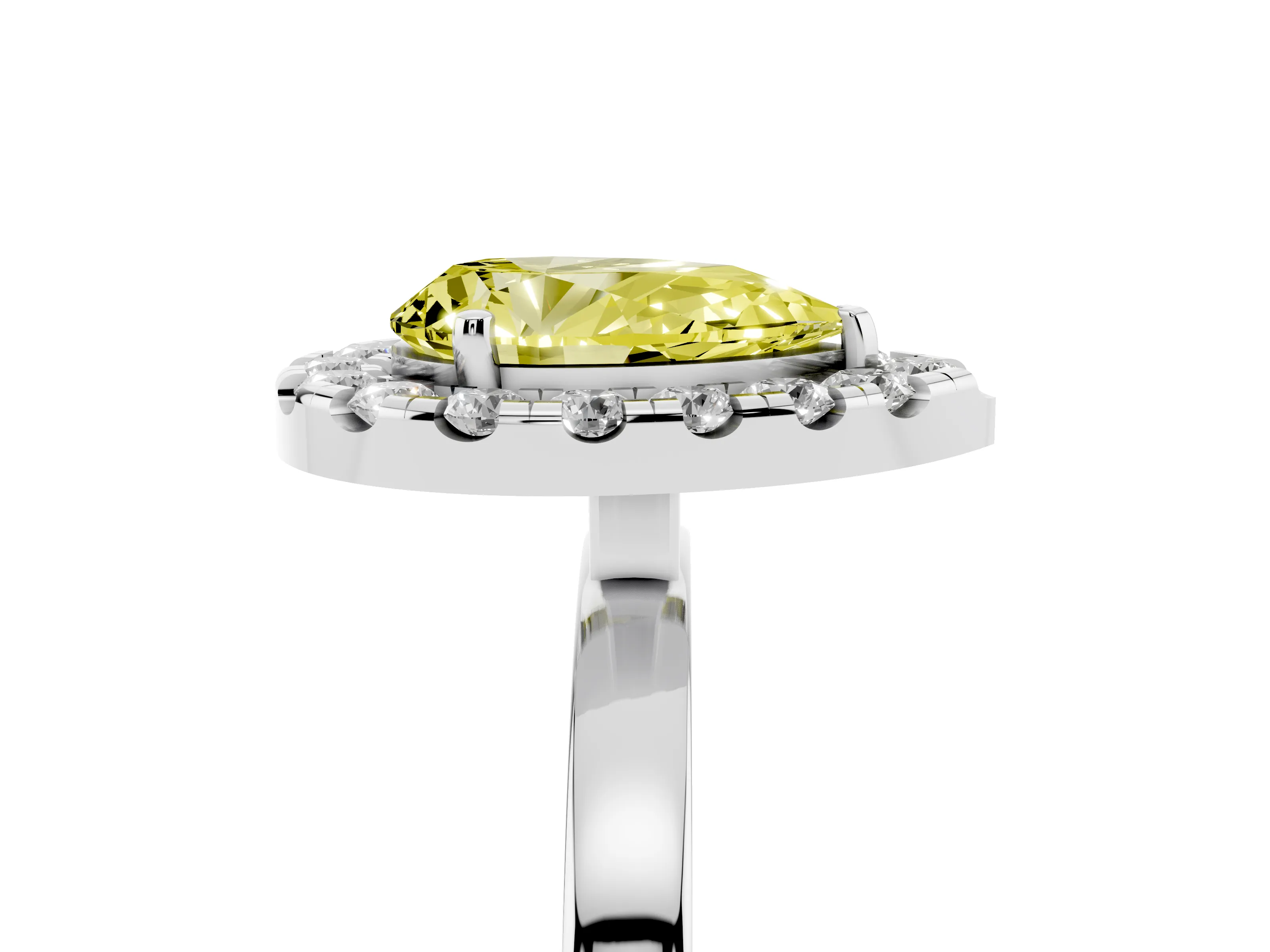 Fancy Yellow Pear Cut Diamond Halo Solitaire Ring Set in White gold with Pavé Band and Prong Setting