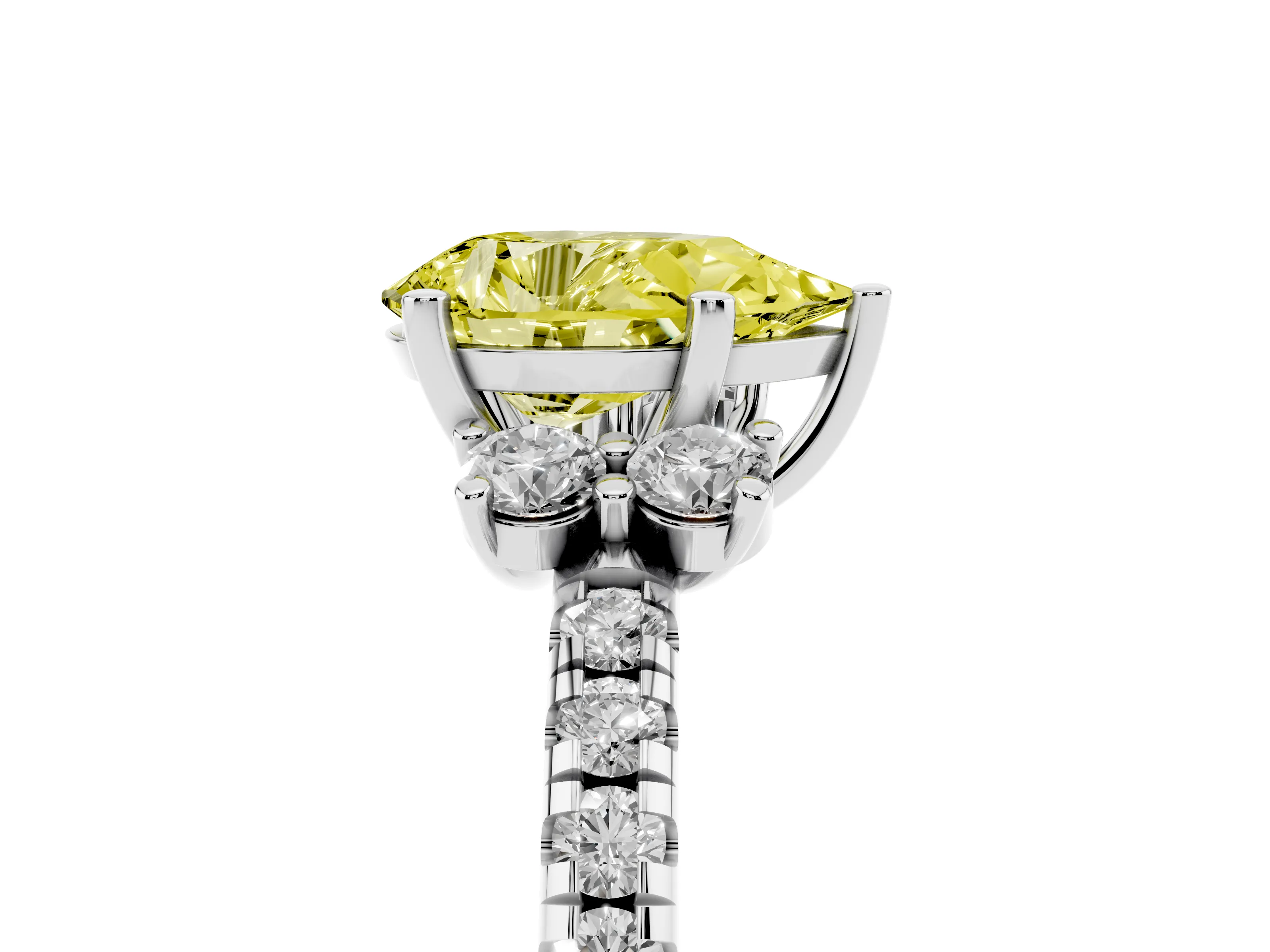 Fancy Yellow Pear Cut Diamond Three-Stone Pavé Ring Set in White gold with Prong Setting