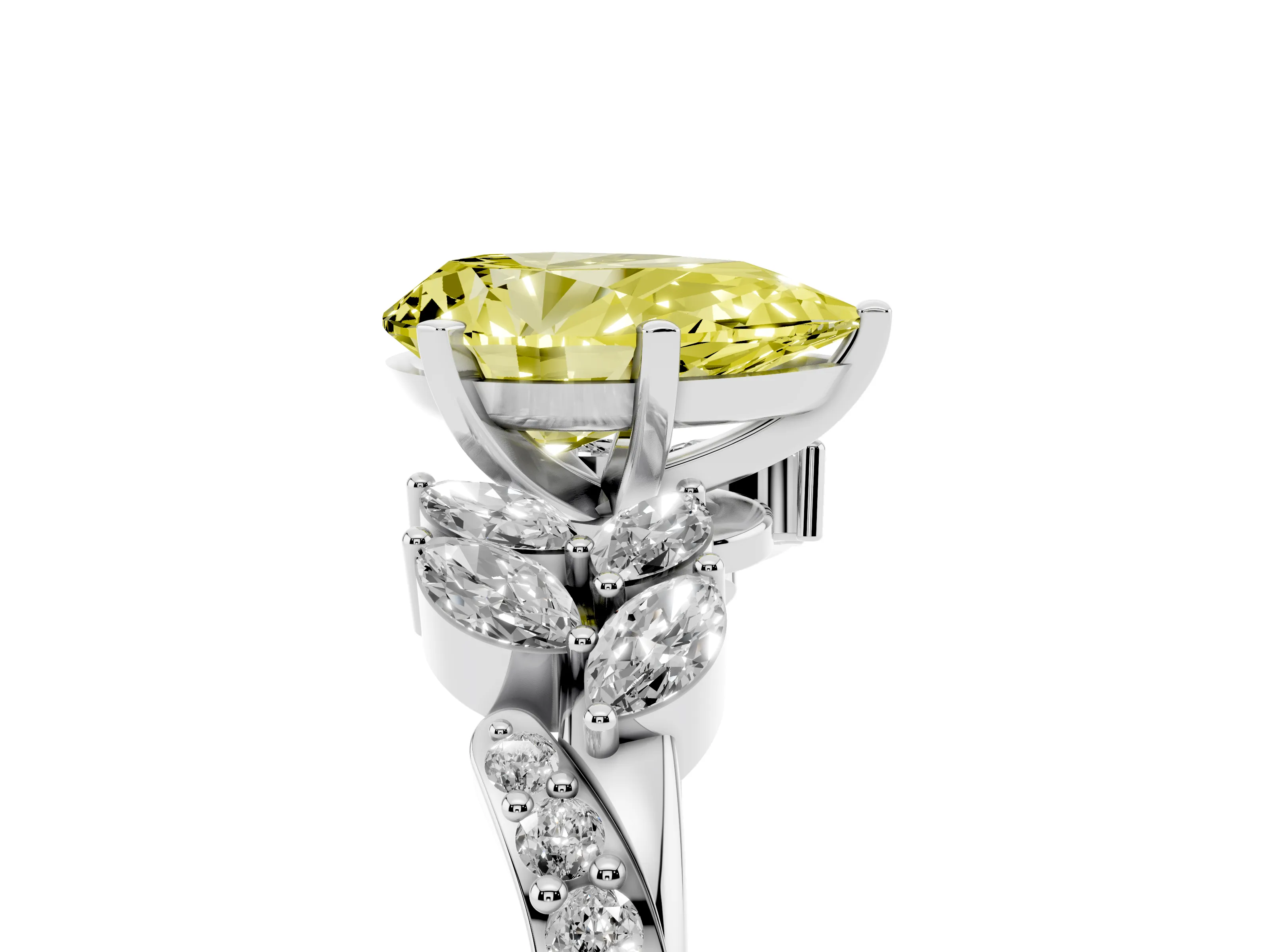 Fancy Yellow Pear Cut Diamond Solitaire Ring Set in Platinum with Marquise Twist Band and Prong Setting