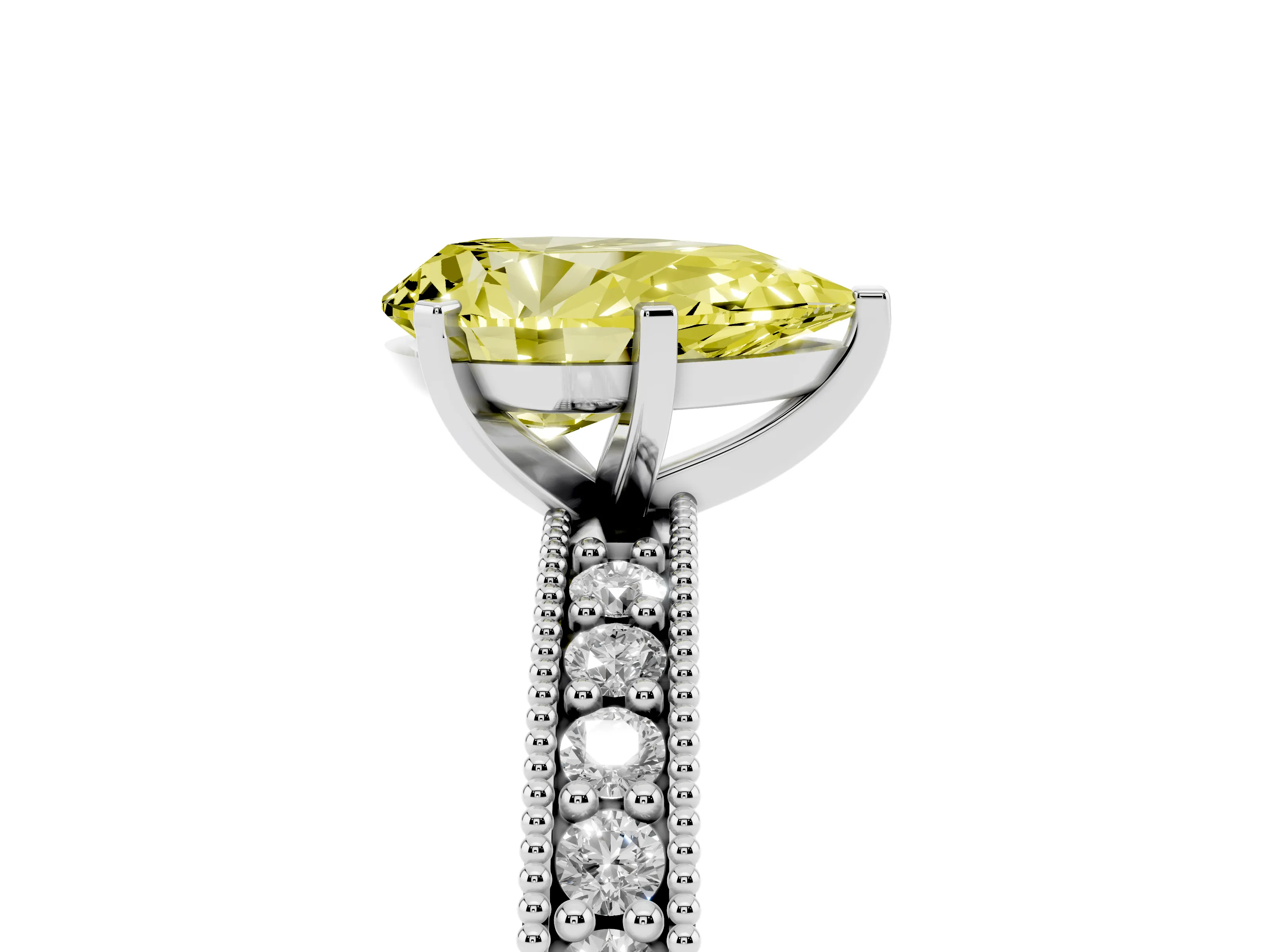 Fancy Yellow Pear Cut Diamond Milgrain Pavé Engagement Ring Set in Platinum with Prong Setting