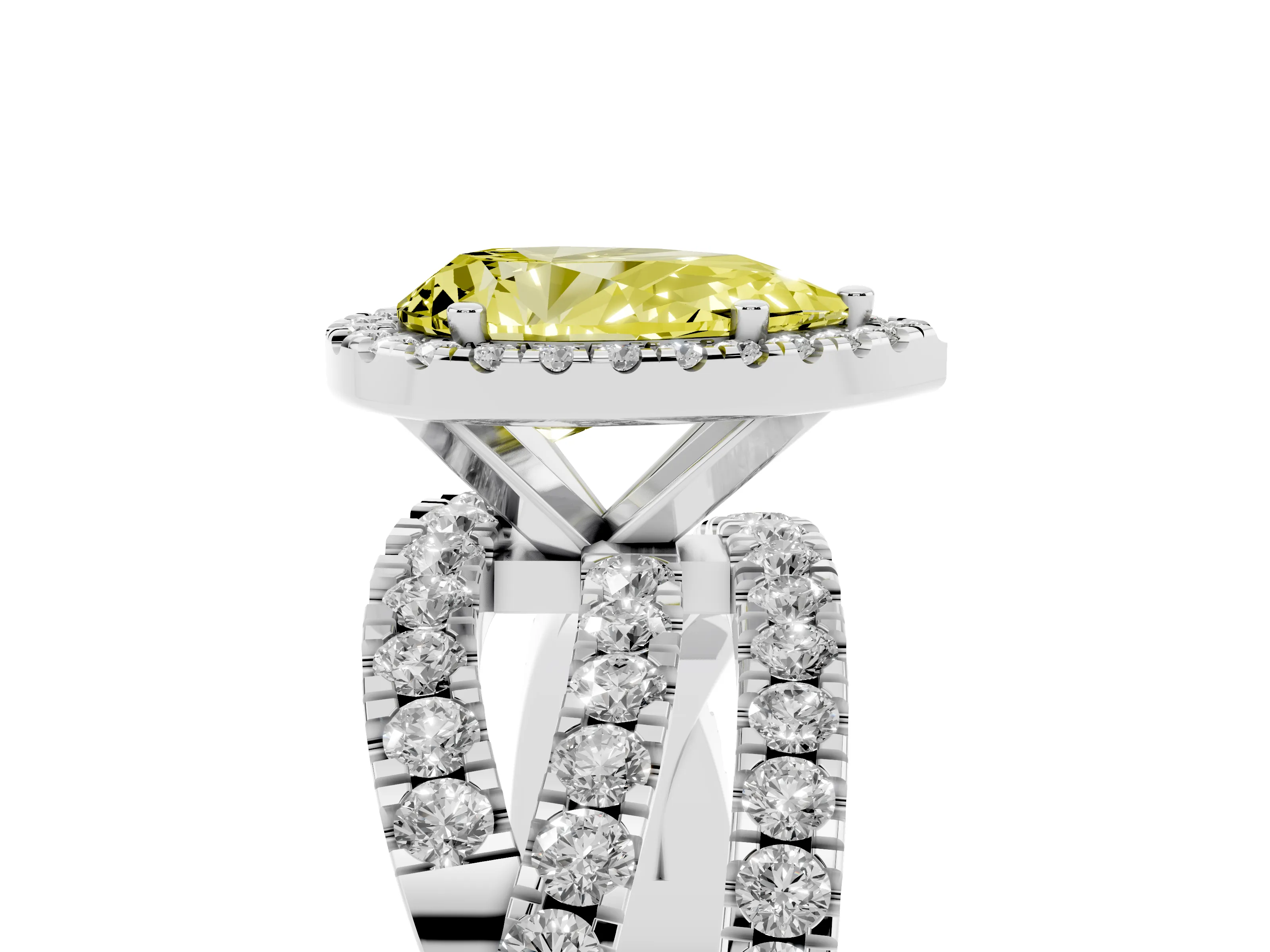 Fancy Yellow Pear Cut Diamond Halo Ring Set in Silver with Round Crossover Split Shank and Prong Setting