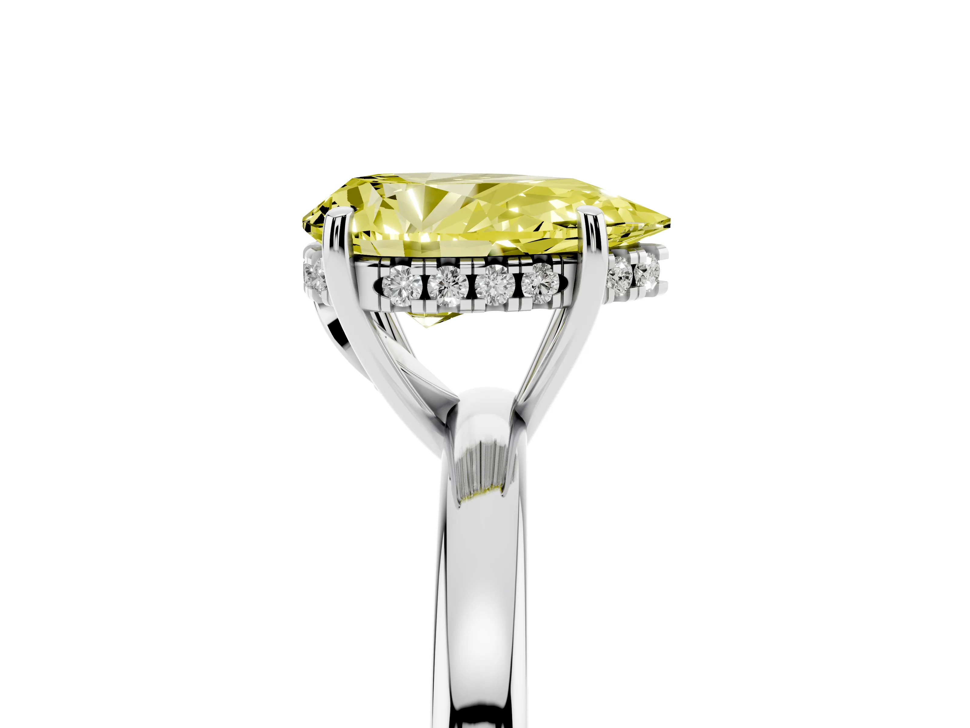 Fancy Yellow Pear Cut Diamond Solitaire Ring Set in Silver with Plain Band and Prong Setting