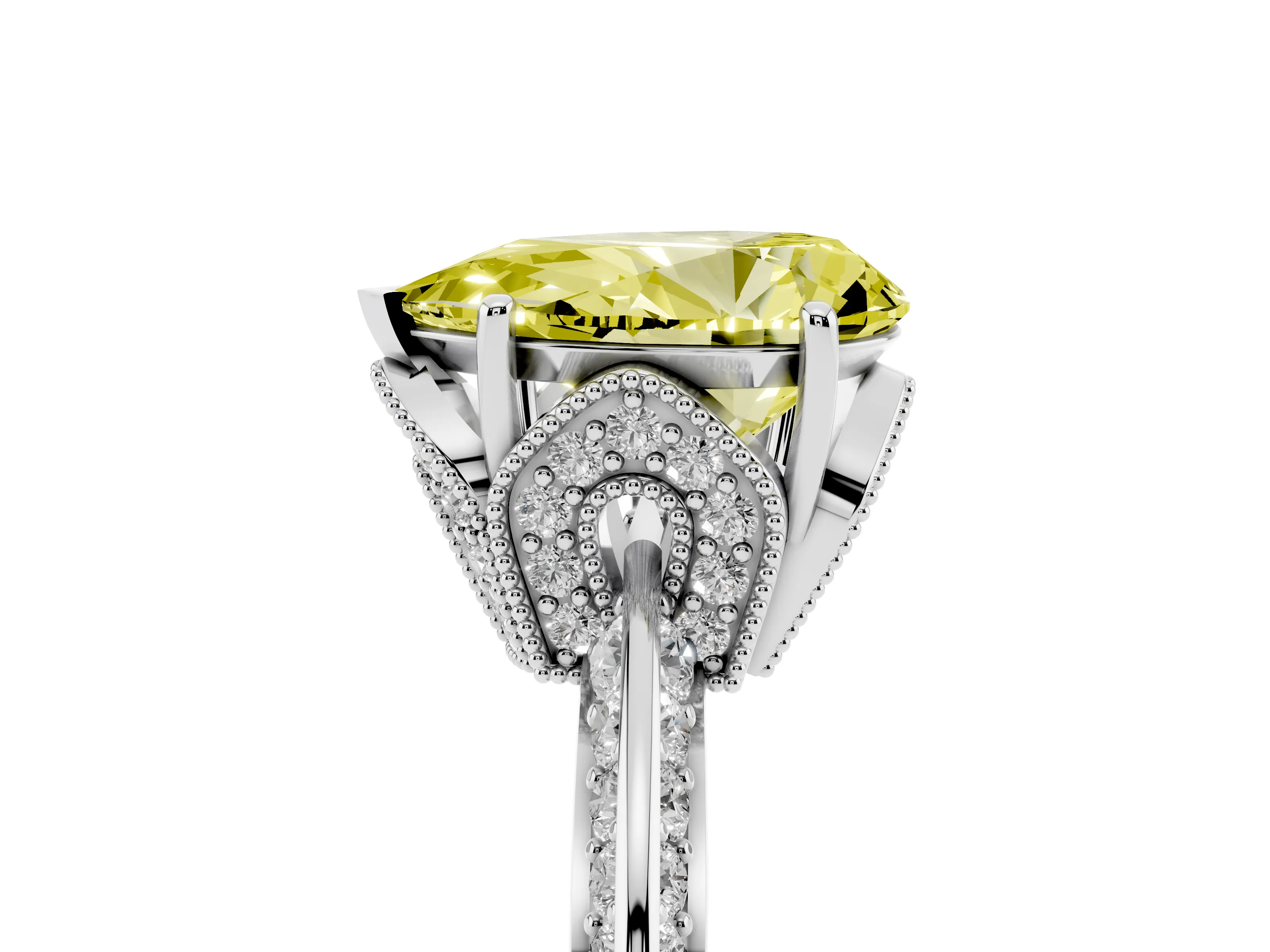 Fancy Yellow Pear Cut Diamond Solitaire Engagement Ring Set in Silver with Pavé Split Shank and Prong Setting