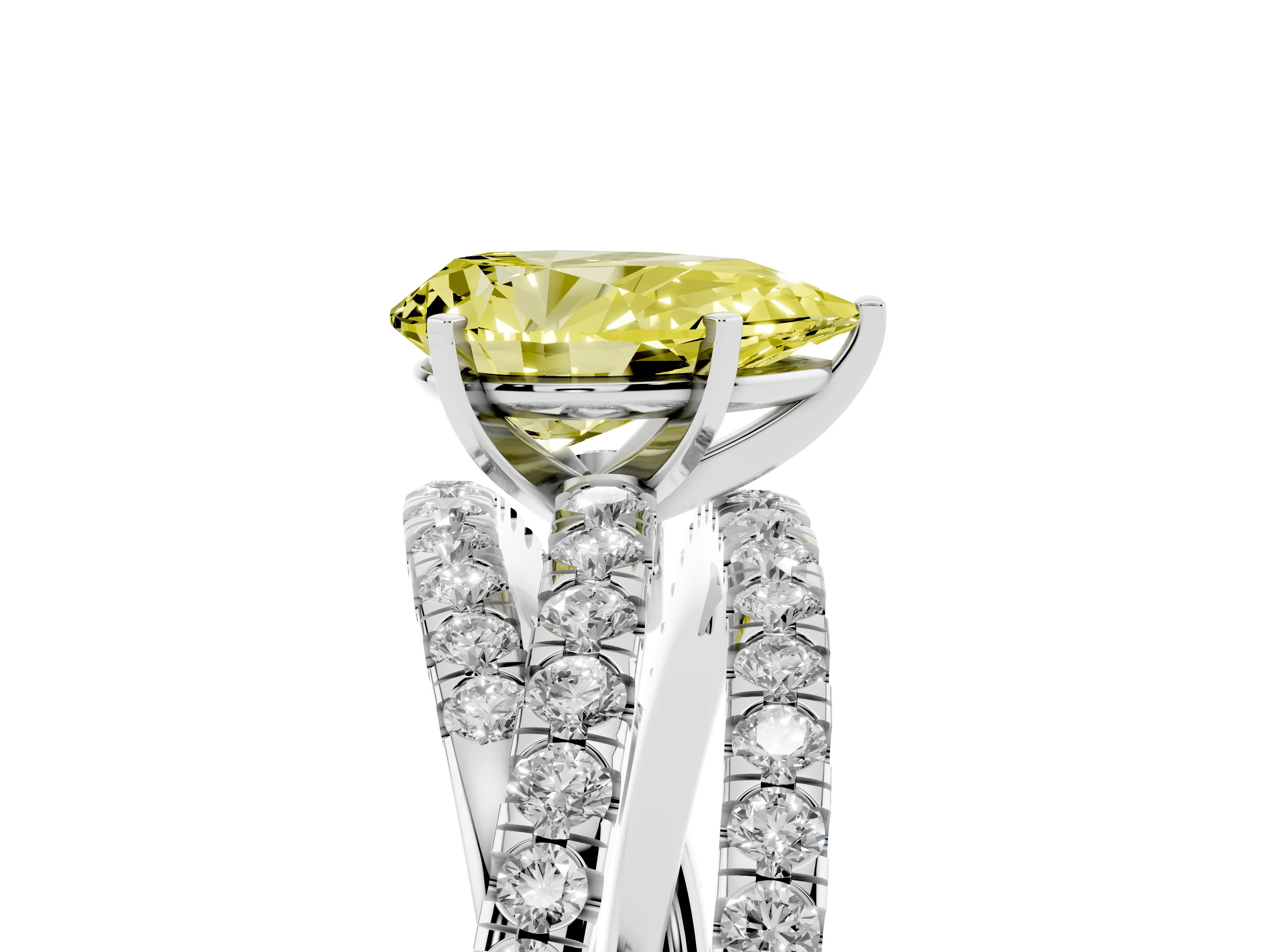 Fancy Yellow Pear Cut Diamond Solitaire Twist Band Ring Set in Platinum with Pavé Setting and Prong Head