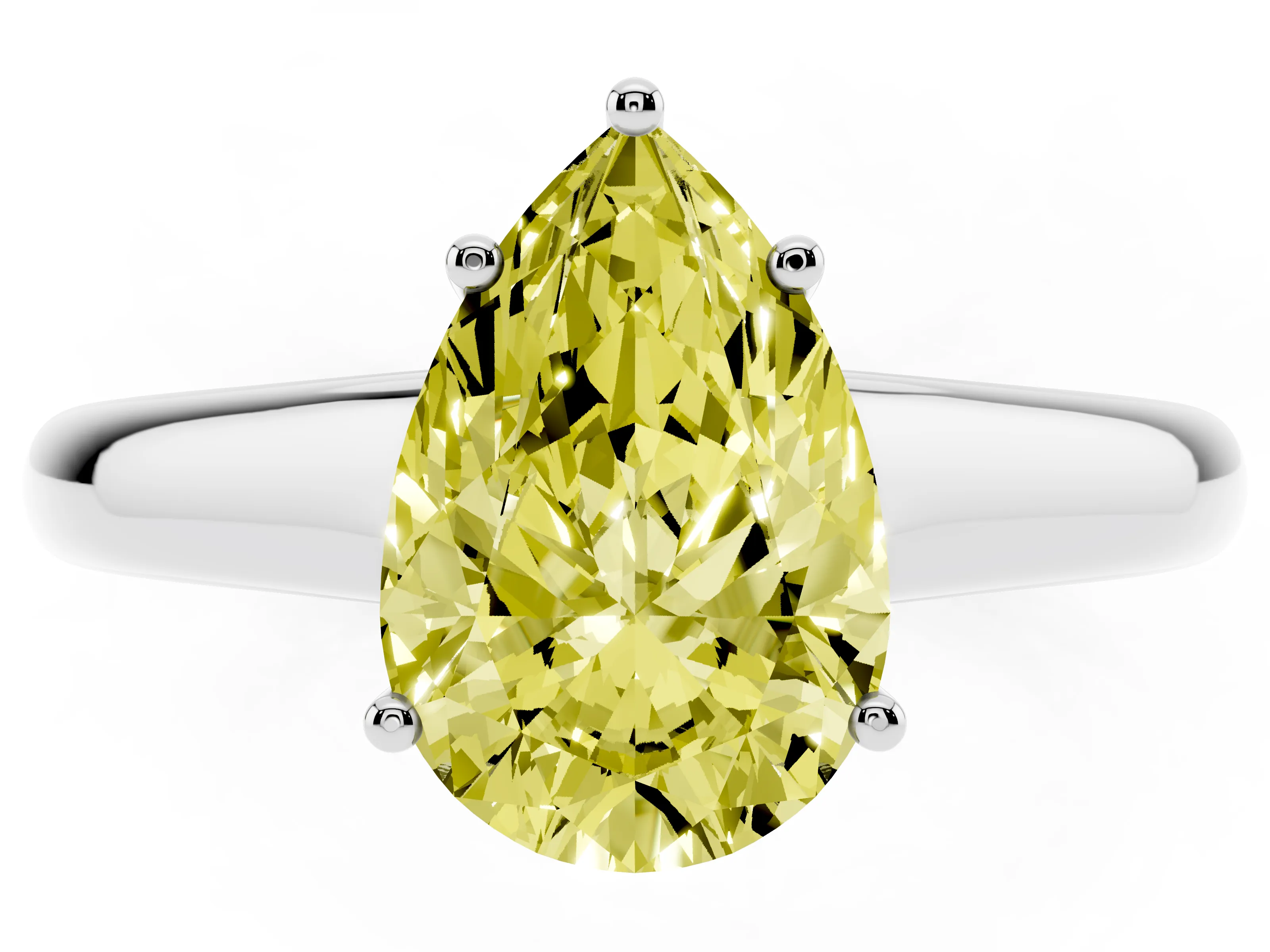 Fancy Yellow Pear Cut Diamond Solitaire Engagement Ring Set in White gold with Subtly Tapered Band and Prong Setting