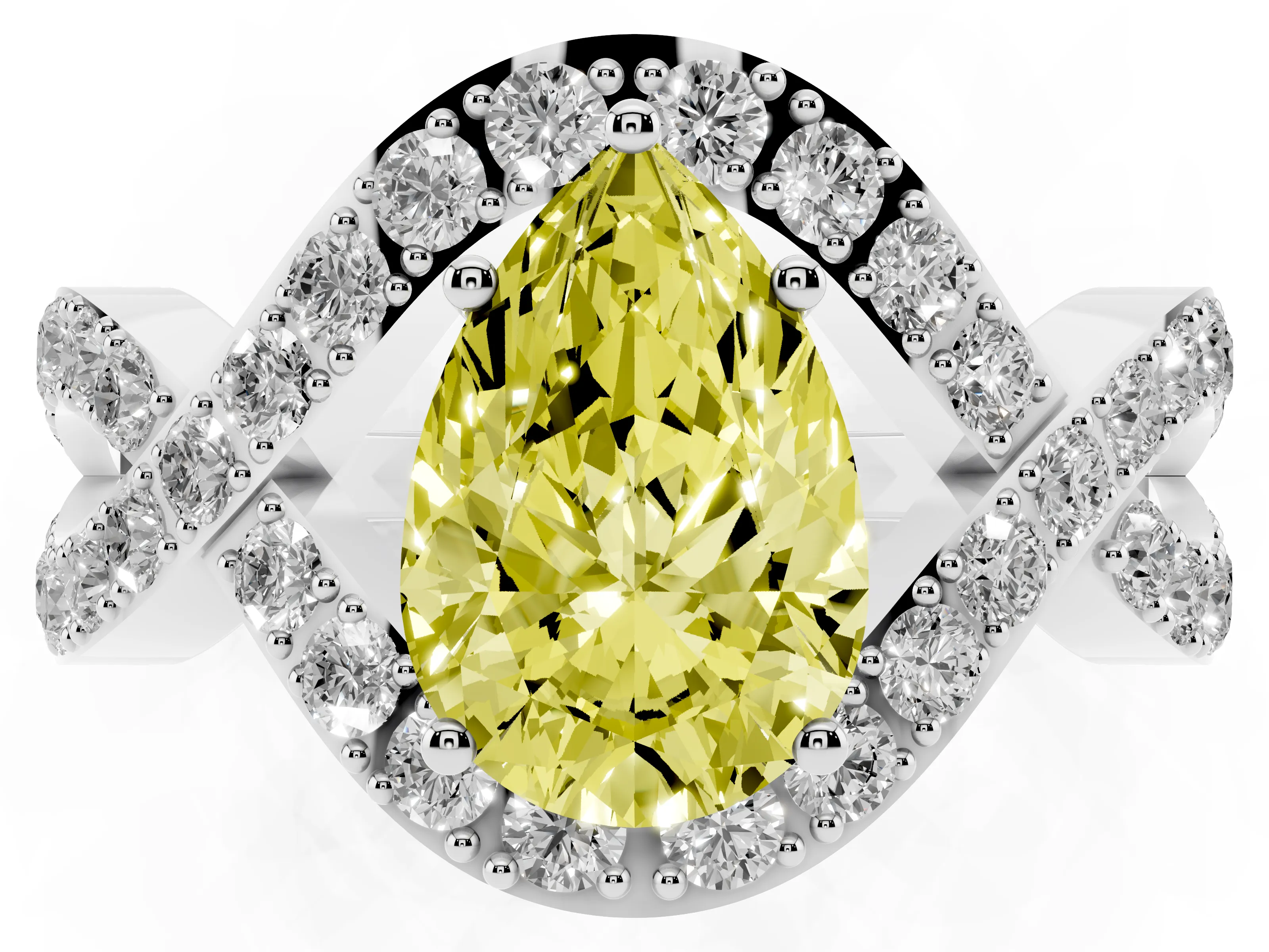 Fancy Yellow Pear Cut Diamond Solitaire Twist Band Pavé Engagement Ring Set in Platinum