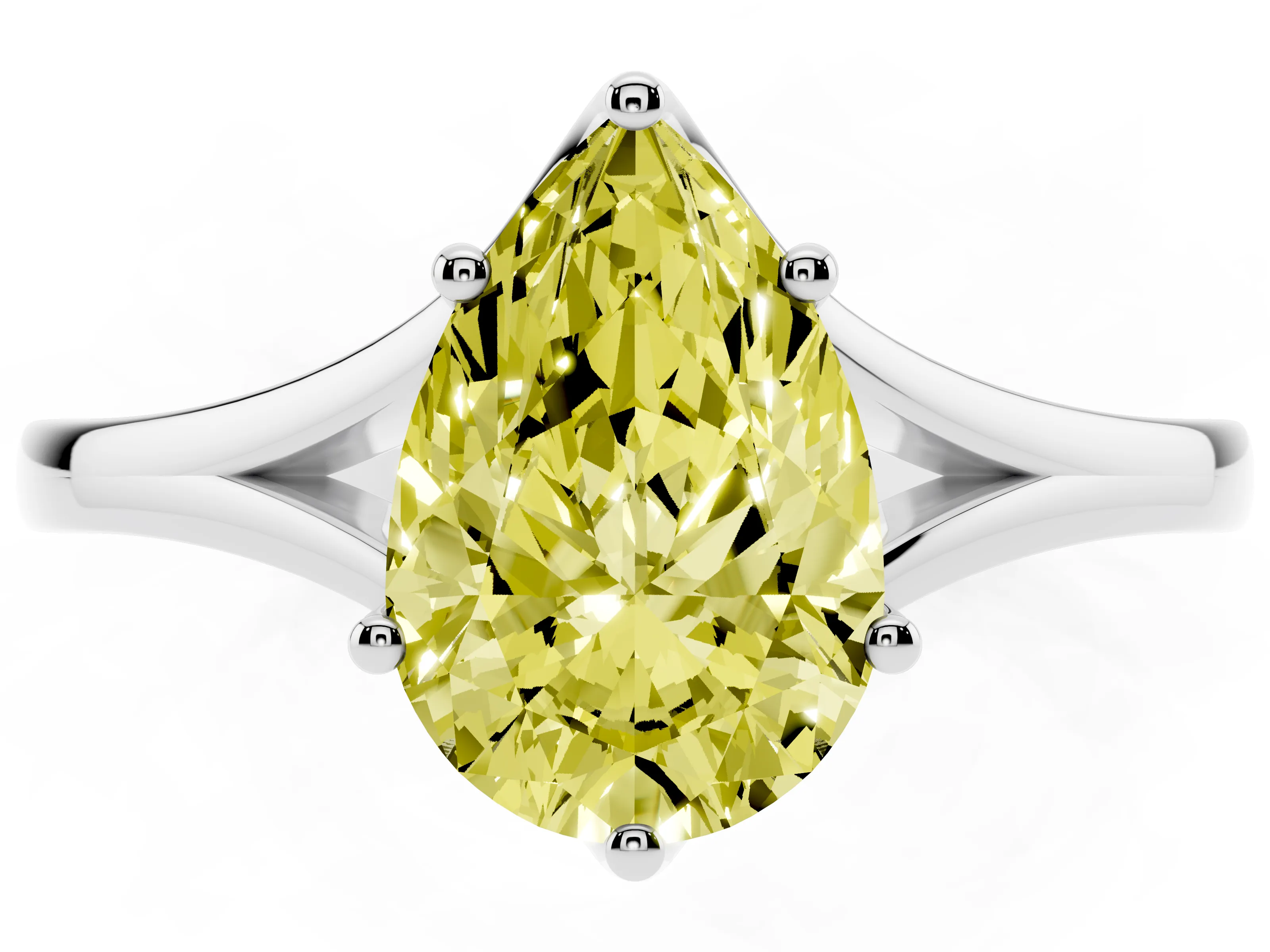 Fancy Yellow Pear Cut Diamond Solitaire Ring Set in Silver with Polished Tapered Band and Prong Setting
